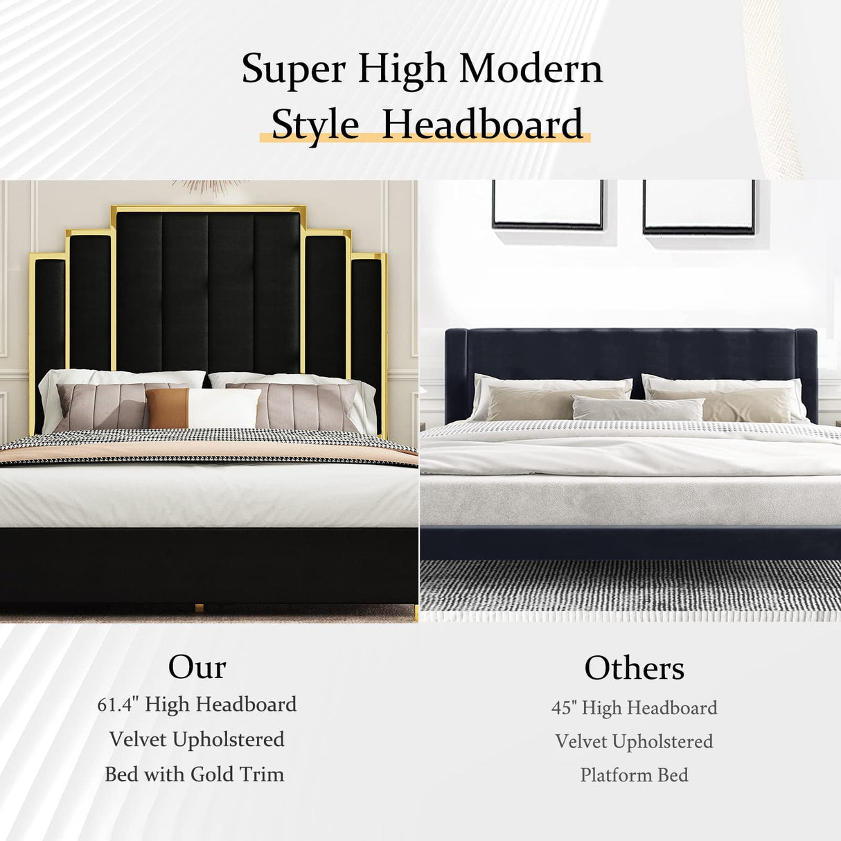 Albott Queen Size Platform Bed Frame, 61.4" Velvet Upholstered Bed with Gold Trim Headboard/Wooden Slats/No Box Spring Needed/Black Albott