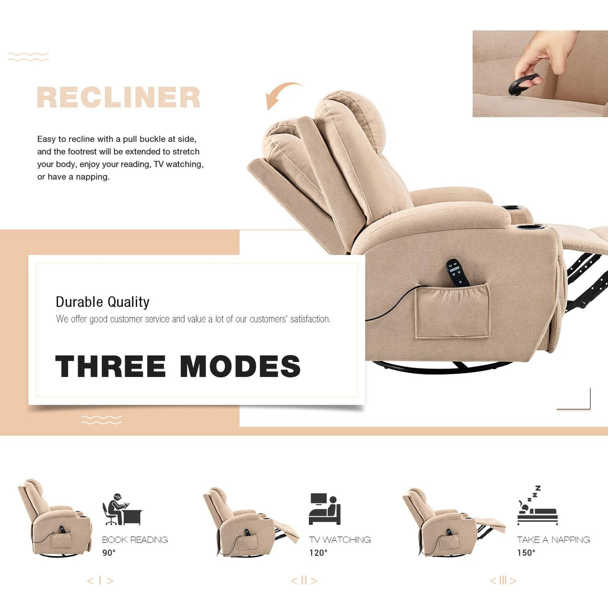 Flamaker Rocking Chair Recliner Chair with Massage Swivel Ergonomic Lounge Chair Classic Single Sofa with 2 Cup Holders Side Pockets Living Room Chair Home Theater Seat (Beige) Flamaker