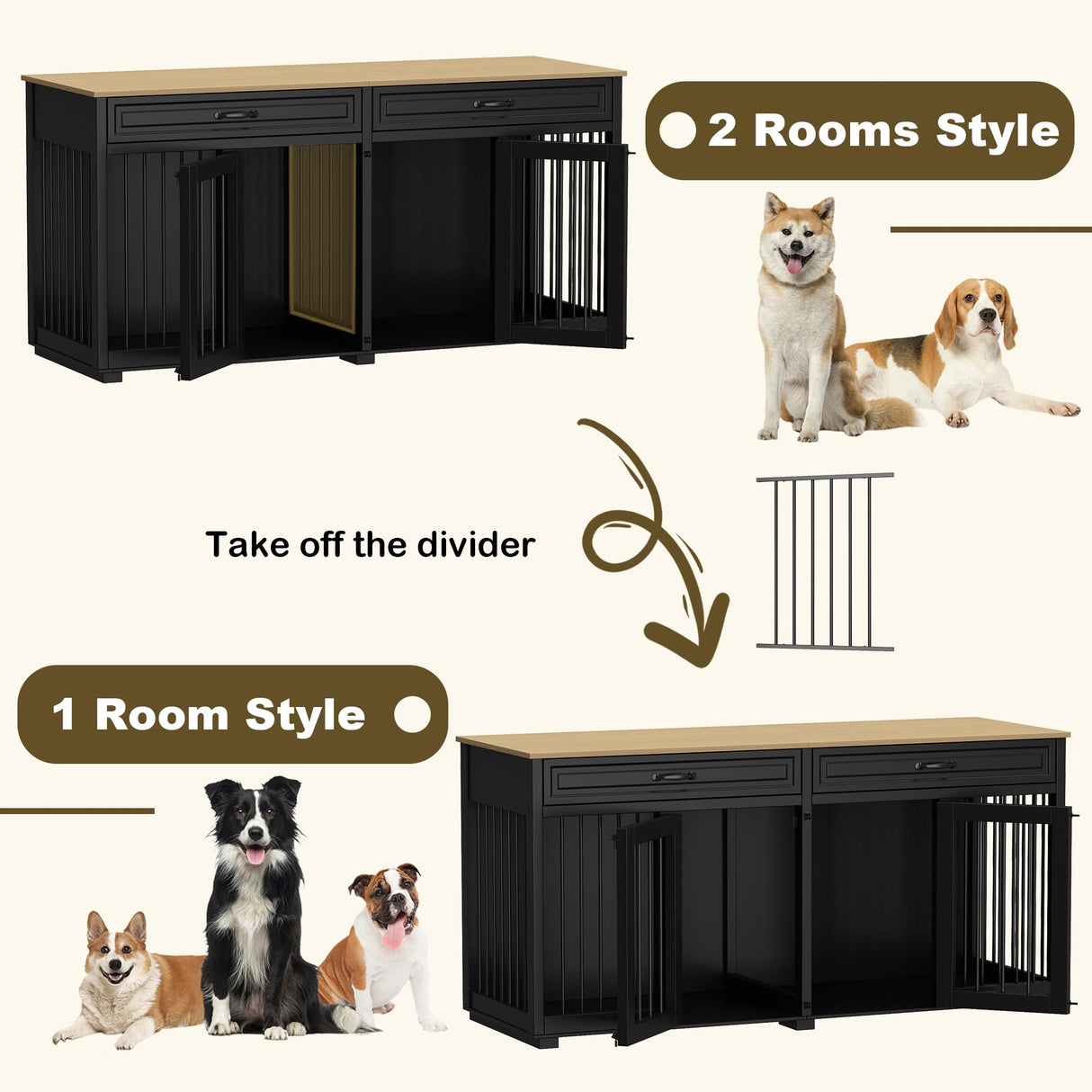 DAWNSPACES Dog Kennel Furniture, 64.6 Inch Heavy Duty Wooden Large Furniture Style Dog Crate with Drawers & Divider, Indoor Dog House TV Stand with Double Rooms for Medium Small Dogs, Black DAWNSPACES