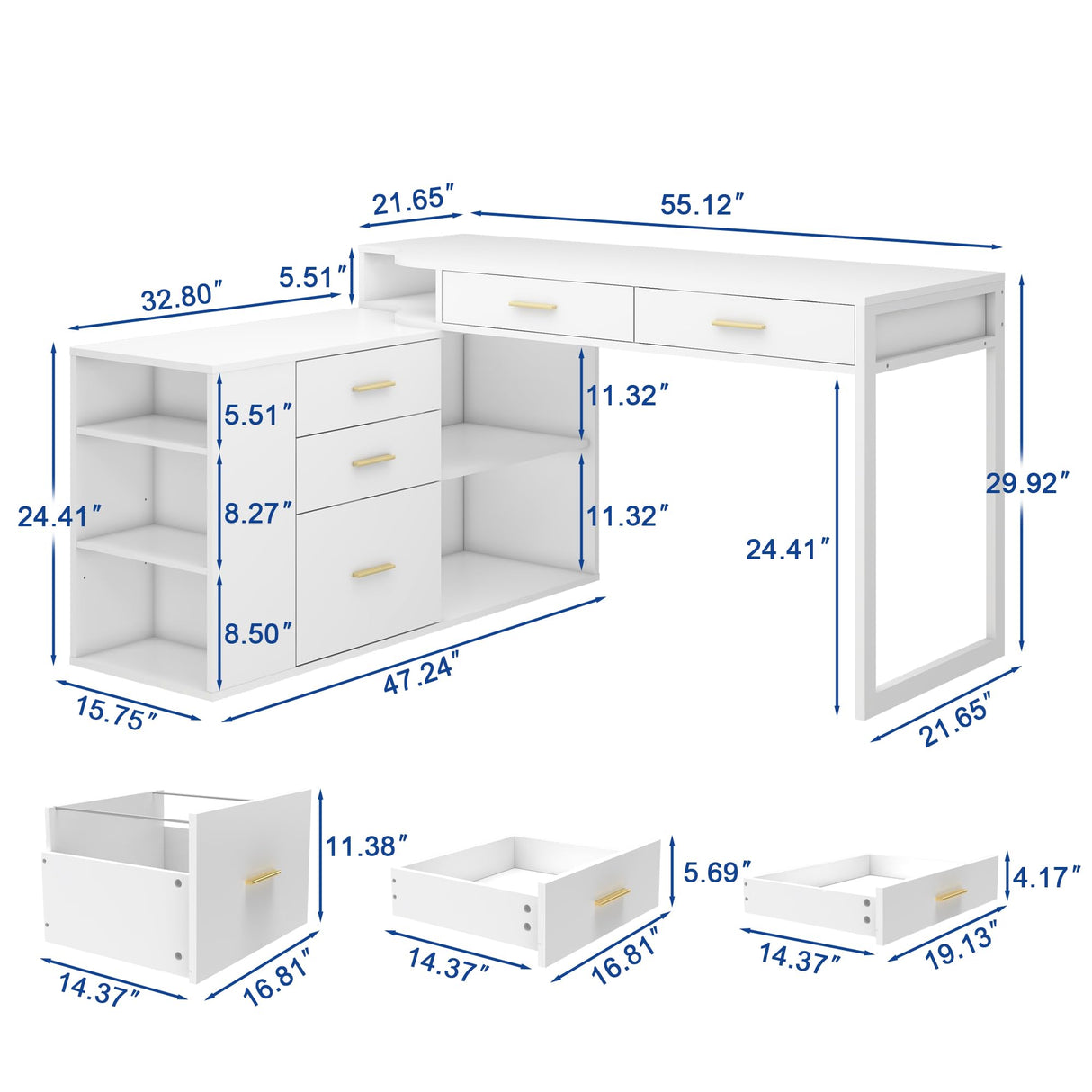 L Shaped Desk with 5 Drawers Modern Executive Desk Wood Home Office Desk with Adjustable Shelves, 55 Inch Large Computer Desk Writing Table with File Storage Cabinet for Home Office Halitaa