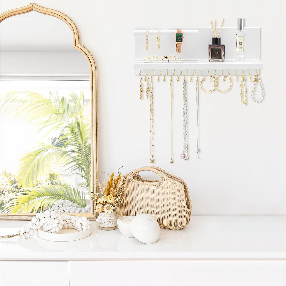 HappyHapi Hanging Jewelry Organizer Necklace Organizer Jewelry Hanger with 36 Hooks,Wall Mounted Jewelry Organizer for Necklace Earrings and Rings (White) HappyHapi