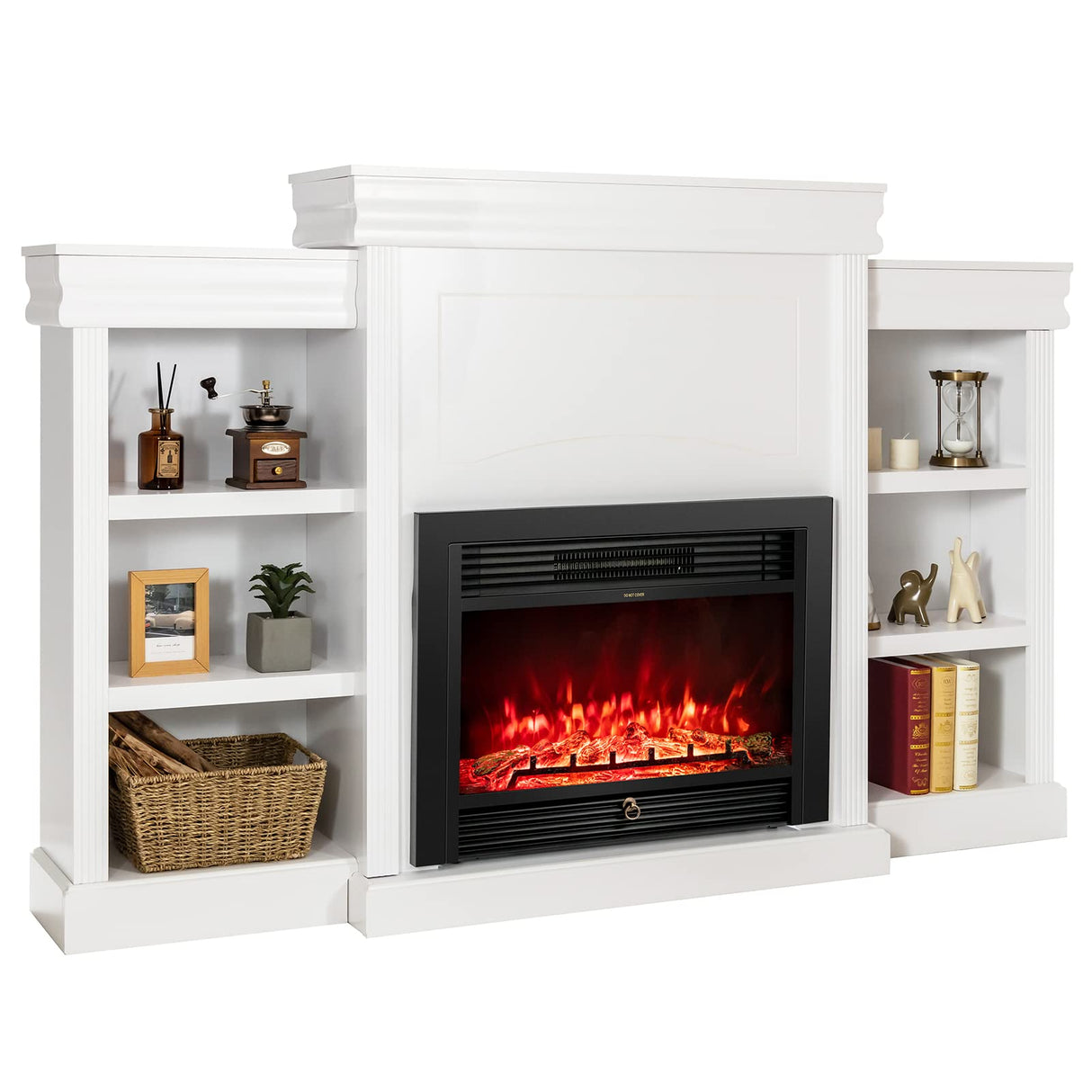 Tangkula 70 Inches Mantel Fireplace, 750W/1500W Electric Fireplace w/Mantel & Built-in Bookshelves, 28.5-Inch Electric Fireplace w/Remote, 1-8H Timer, Adjustable Flame Brightness & Color (White) Tangkula