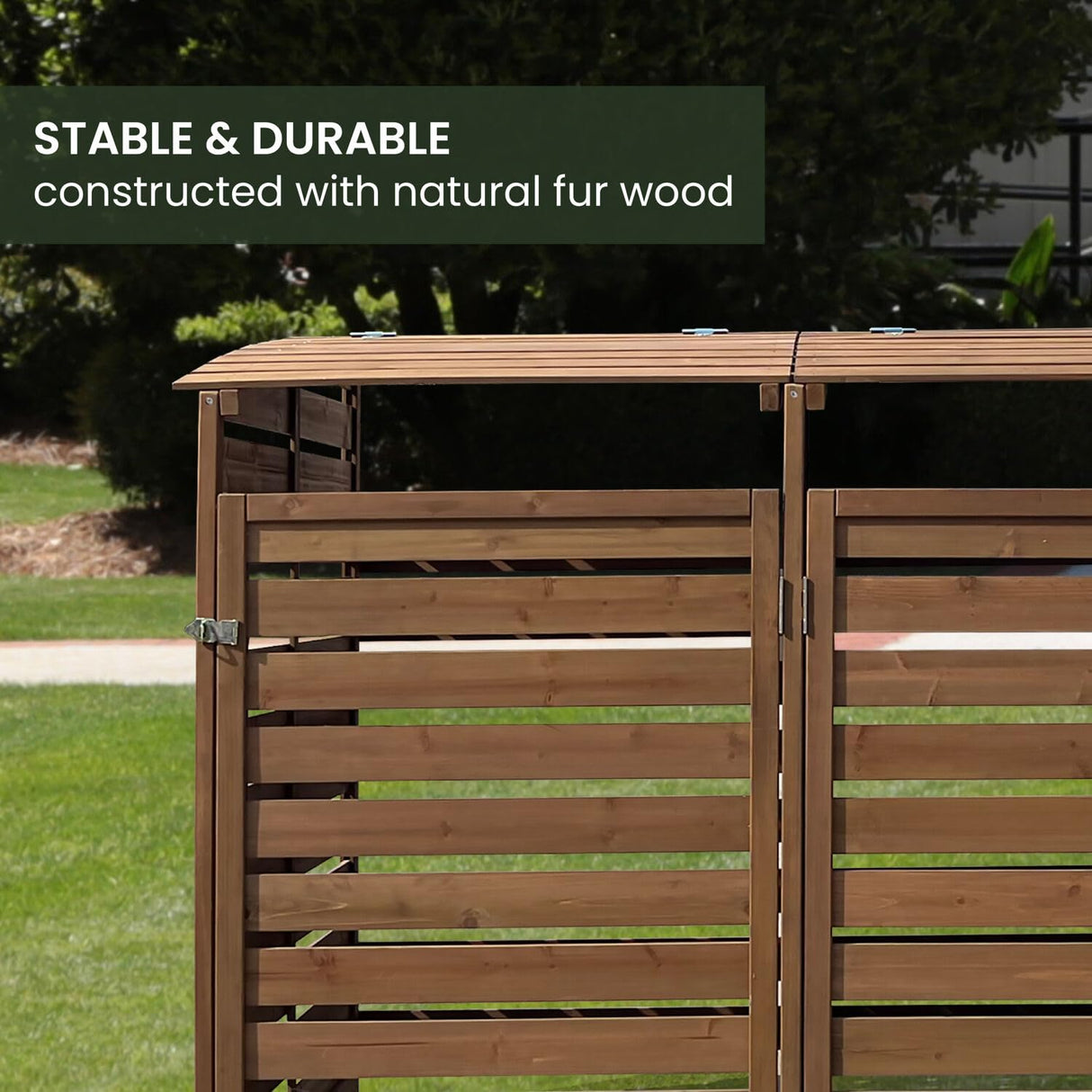 Hanover Outdoor 4.9-ft. x 4-ft. Wooden Trash Bin and Recyclables Storage Shed in Brown, Weather Resistant Trash Can Storage Container with Locking Latch for Yard, Carport, Driveway Hanover