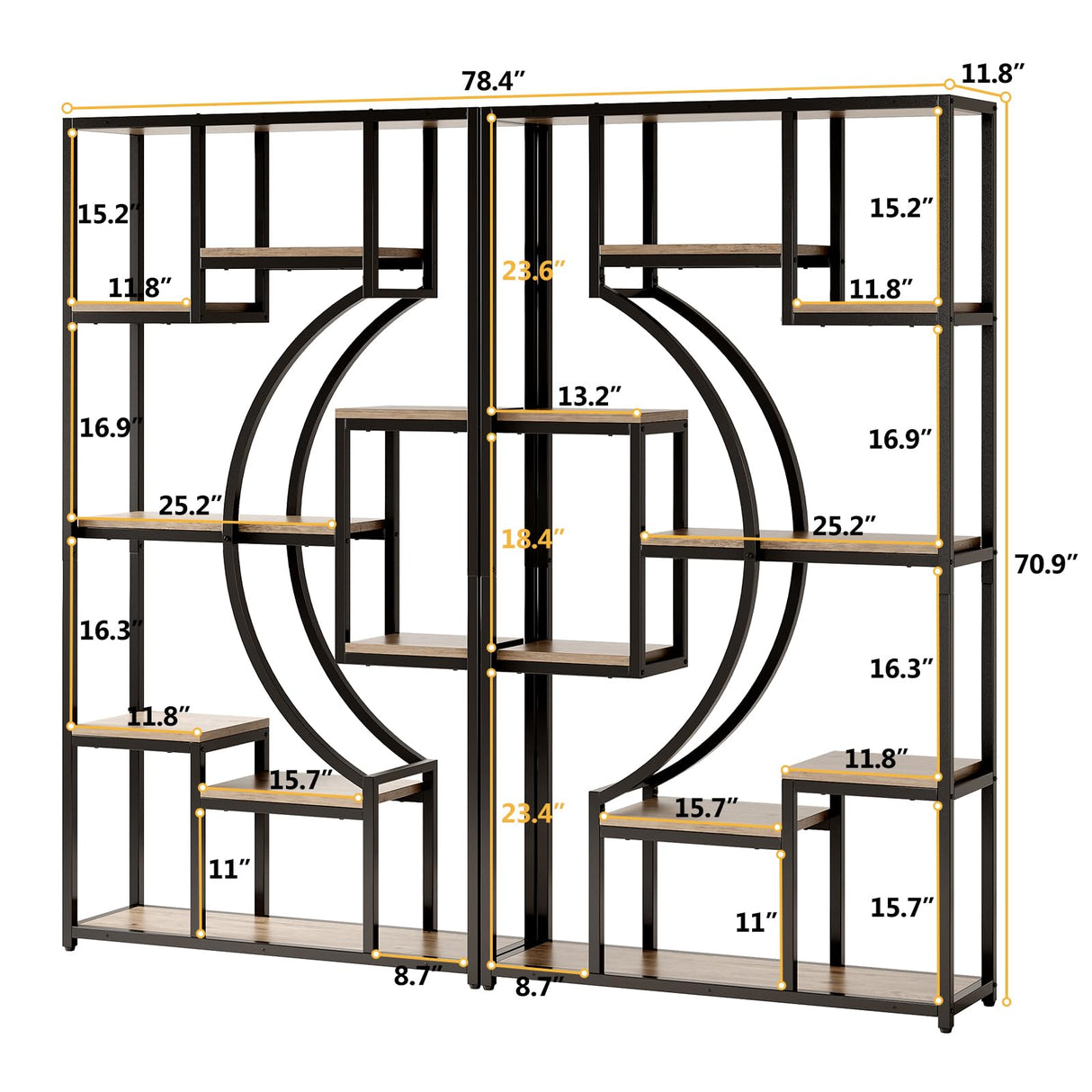 70.8" Tall Bookshelf Set of 2, 79" Wide Geometric Display Shelf with 18 Open Storage Shelves, Scratch-Resistant Gray Wash & Metal Frame, for Living Room, Office, Bedroom – Anti-Tip & Adjustable Feet HolliWill