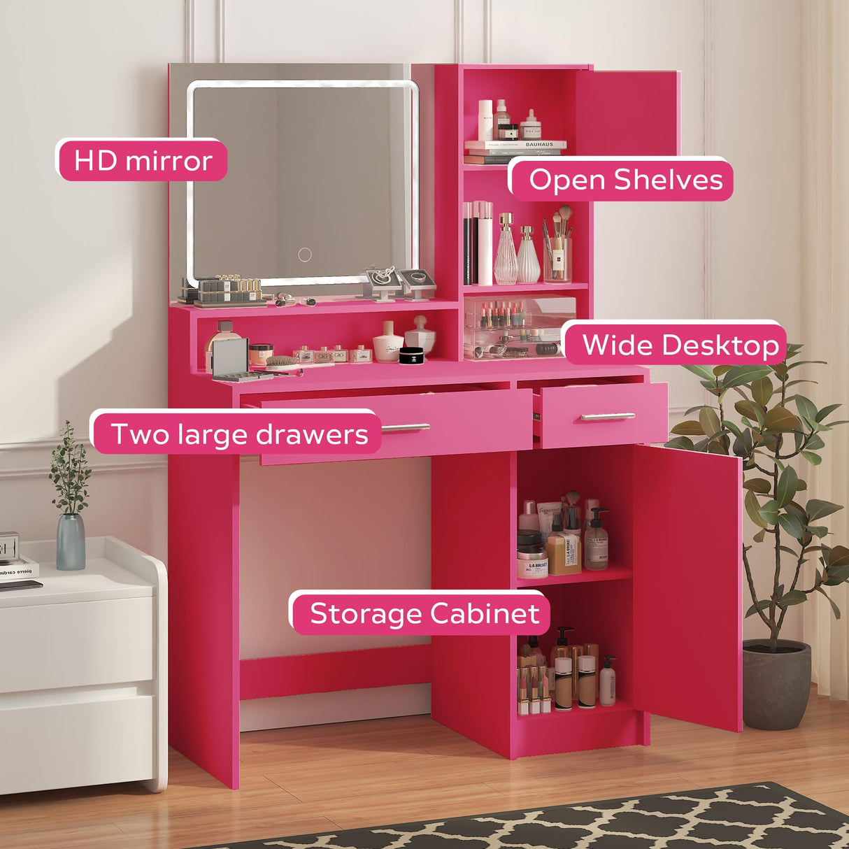 MIRROTOWEL Vanity Desk with Mirror and LED Light Strip,Dressing Table with Large Drawer, 3 Level Storage Dresser & 3 Lighting Modes Adjustable Brightness, Suitable for Bedroom MIRROTOWEL