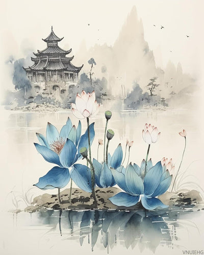 VNUIEHG Paint by Numbers Kit for Adults Flowers, Chinese Painting Ink Lotus, Capture The Wonderful Moments of Summer's Flower Sea Through Art, 40x50cm, Without Frame