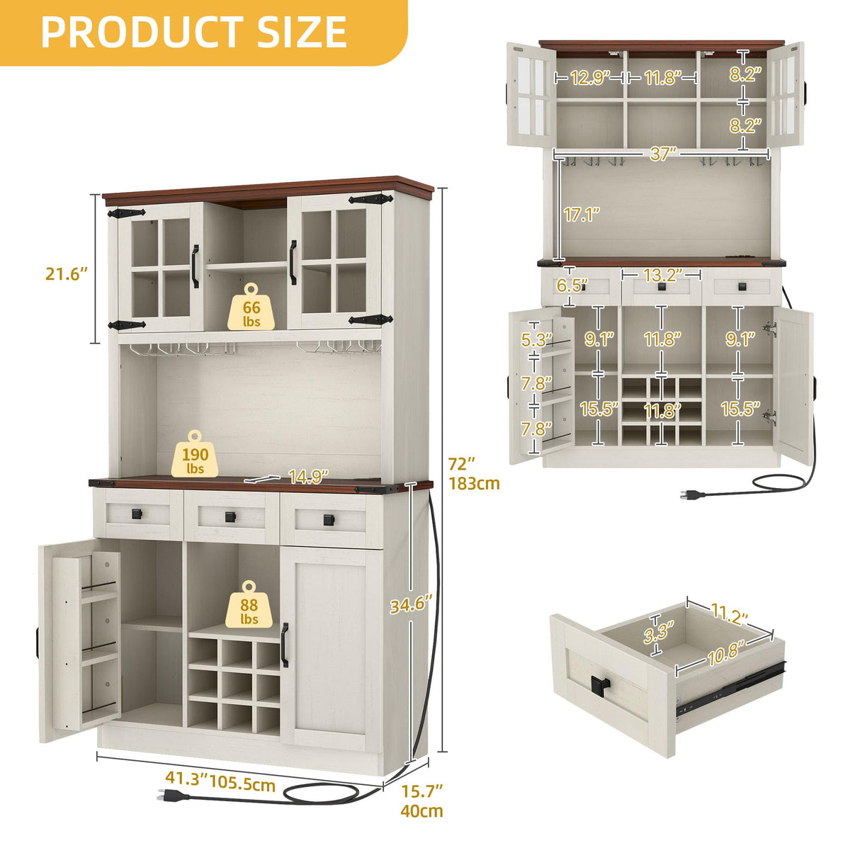 DWVO Coffee Bar Cabinet with Power Outlet/Lights, 72" Farmhouse Pantry Cabinet with Storage Shelves and 3 Drawers, Tall Liquor Cabinet Bar Cabinets for Home/Living Room, Antique White DWVO