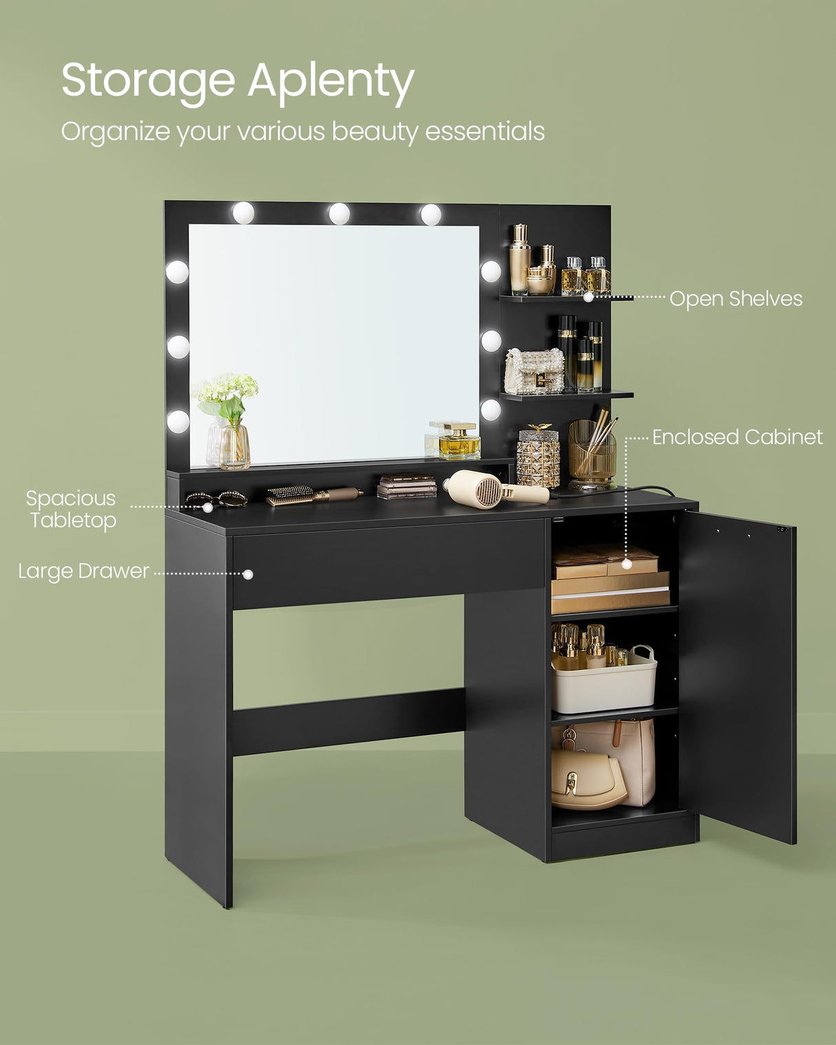 VASAGLE Vanity Desk with Mirror and Lights, 43.3-Inch Wide Makeup Vanity with Upholstered Vanity Stool, Power Outlets, Dimmable LED Lights, Storage Drawer, for Bedroom, Ink Black URDT628B01 VASAGLE