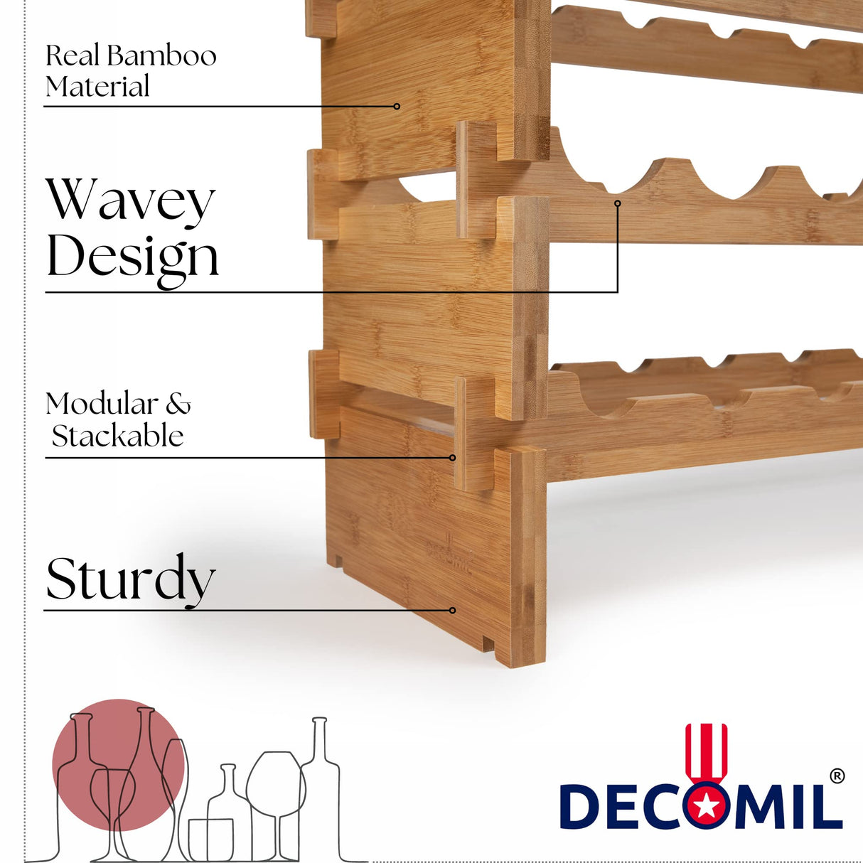DECOMIL - 36 Bottle Large Wine Rack, Stackable & Modular Wine Storage Rack, Solid Bamboo Wine Holder Display Shelves, Wobble-Free (Four-Tier, 36 DECOMIL