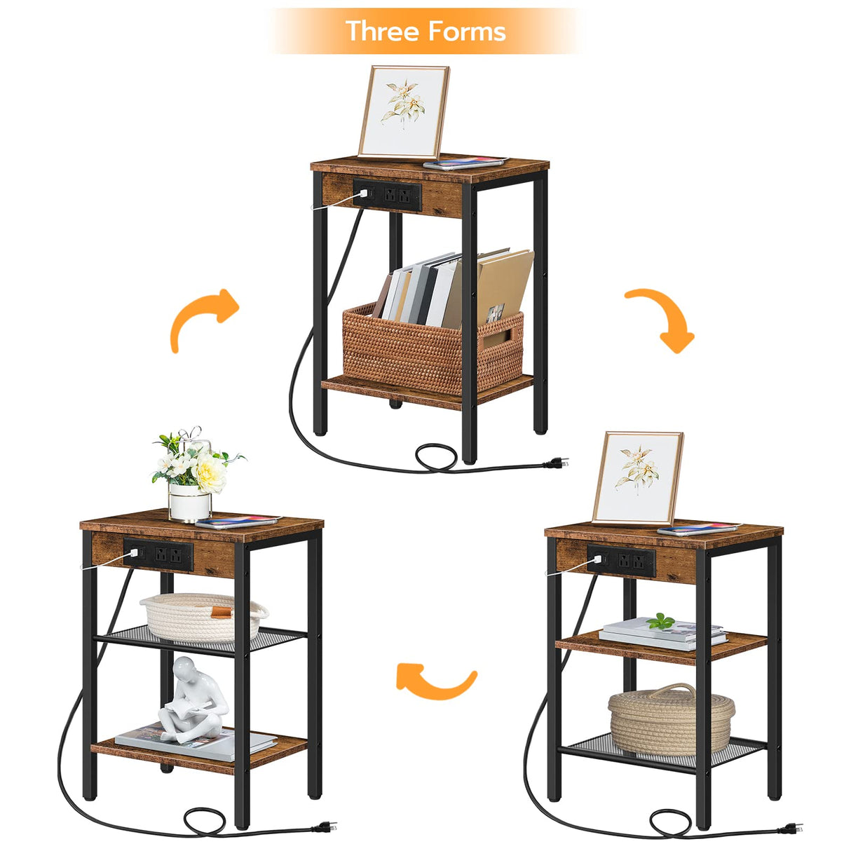 HOOBRO End Table with Charging Station and USB Ports, 3-Tier Nightstand with Adjustable Shelf, Small Side Table for Small Space in Living Room, Bedroom and Balcony, Rustic Brown BF112BZ01 HOOBRO