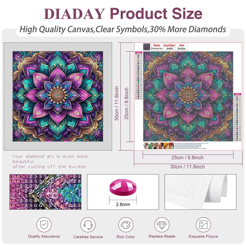 DIADAY 5D Mandala Diamond Painting Kits for Adults & Beginners, Diamond Art Kits, Full Drill Round Gems, DIY Dot Craft, Home Wall Decor Gift, 12x12 Inches DIADAY