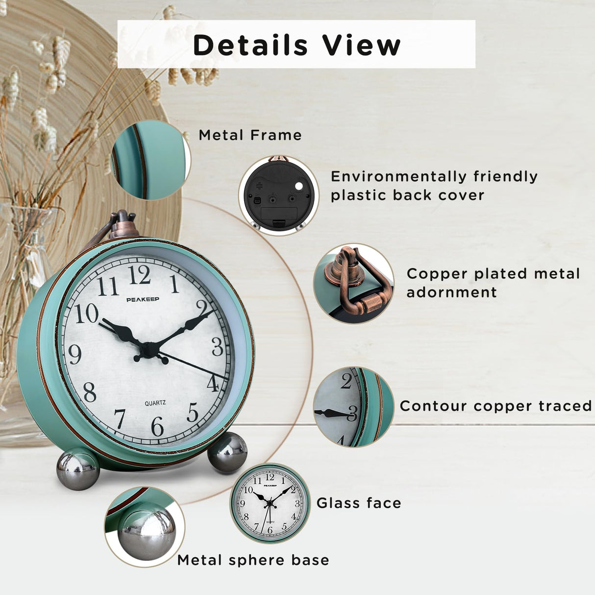 Peakeep 4" Small Battery Operated Antique Retro Analog Alarm Clock for Room Decor, Silent Elegant Bedside Desk Table Gift Clock Peakeep