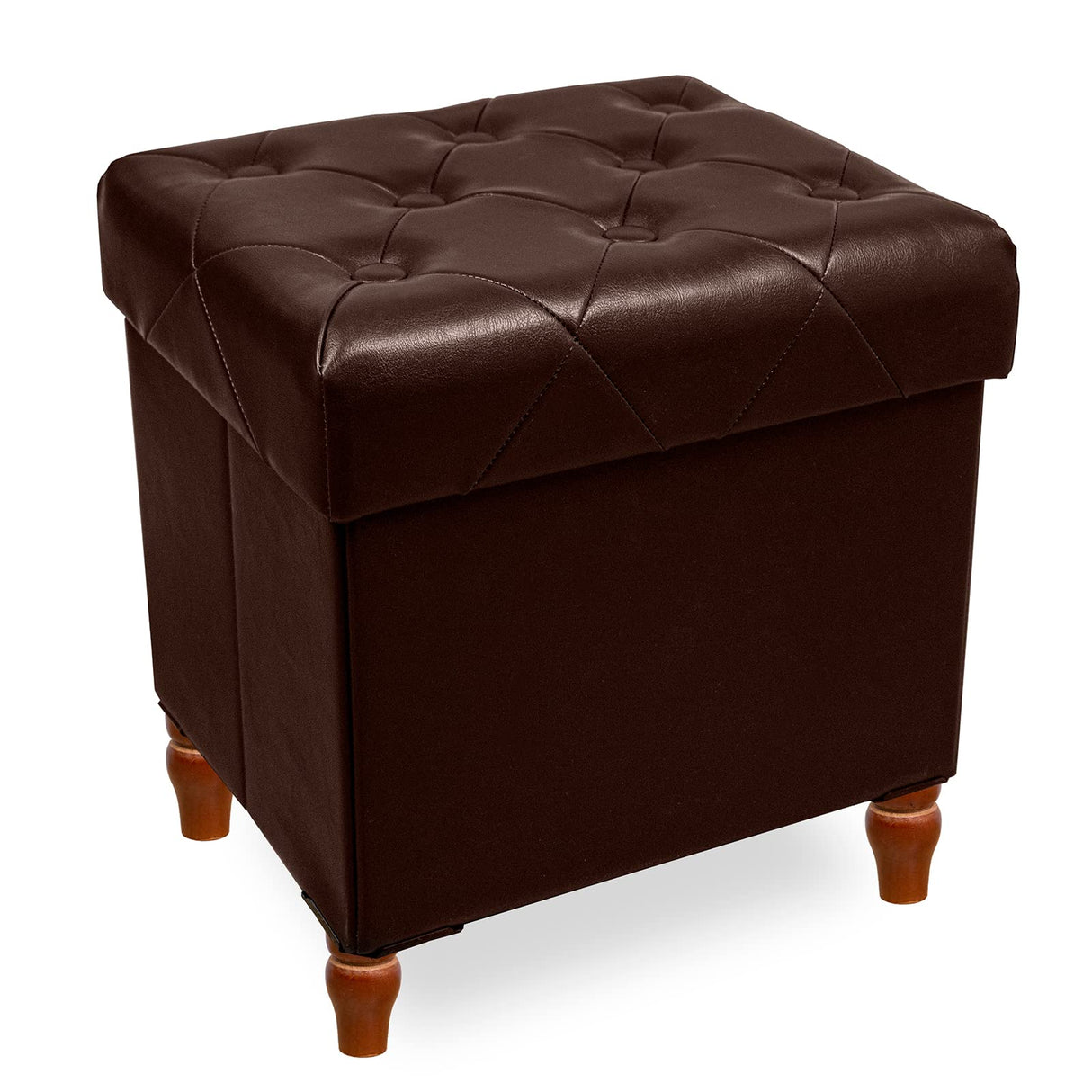 CAROLMADE Folding Storage Ottoman Cube PU Leather Footstool with Wood Legs Ottoman Footrest for Living Room and Bedroom Brown, 15x12.6 x 15.4” CAROLMADE
