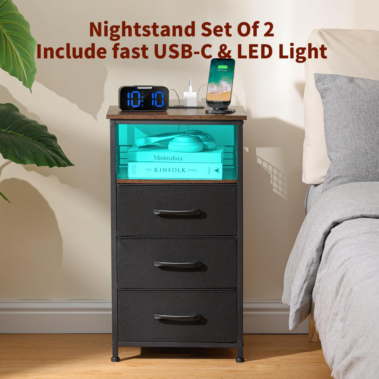 LAKEMID Night Stand Set 2 with Charging Station, Nightstands Set of 2 with 20 Colors LED Light Strip 3 Drawers, Side Tables Bedroom End Table with USB ports and Outlets for Living Room (Rustic Brown) LAKEMID