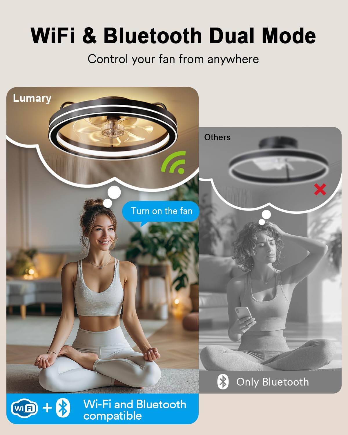 Lumary Smart Ceiling Fan Light with 2200K Nightlight, WiFi & Bluetooth Low Profile Ceiling Fan with Light Remote for Bedroom, RGBAI & 42 Scenes Mode, Flush Mount Easy to Install, 5000 LM, 19in Black Lumary