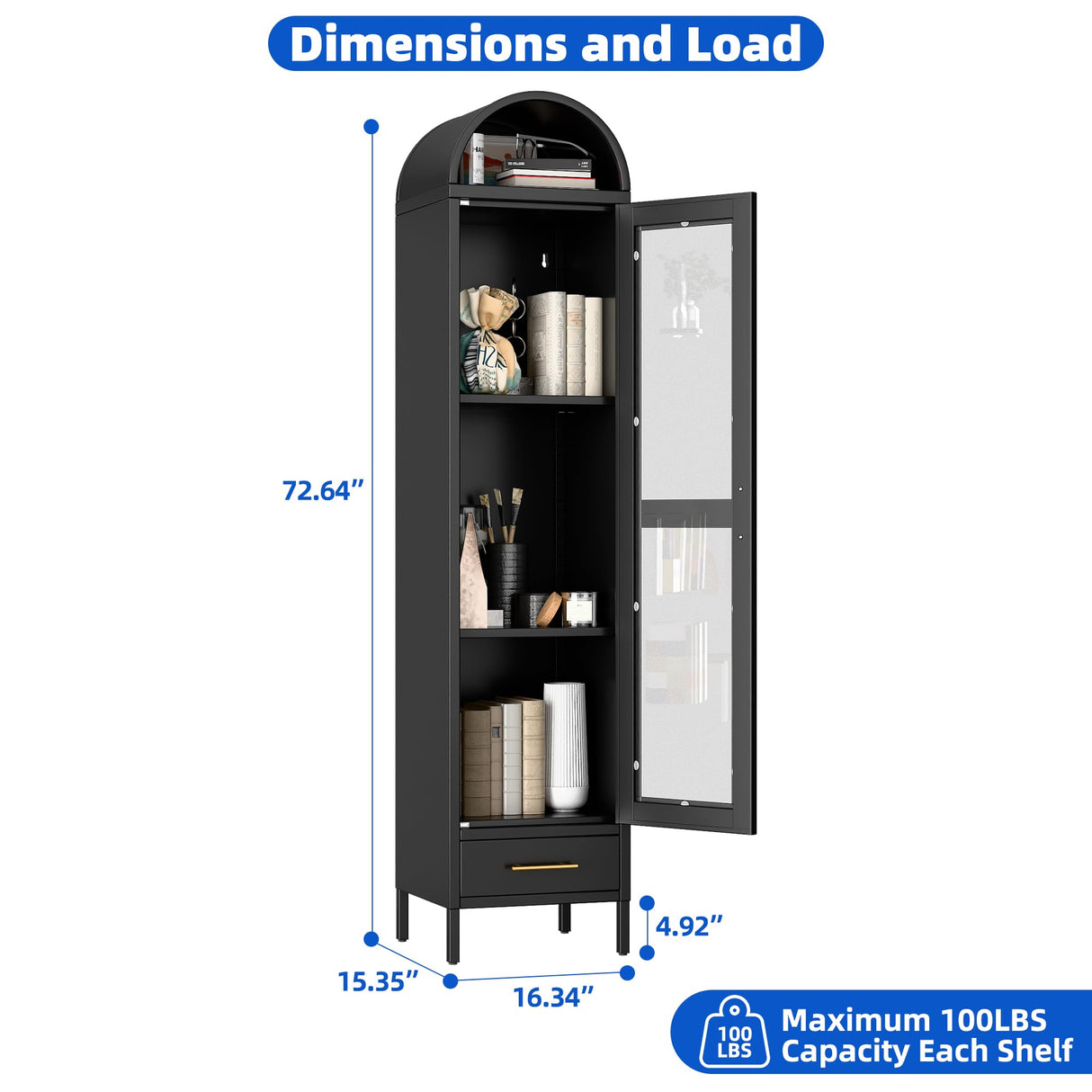 METALYEYE 73''H Metal Arched Storage Cabinet, Arch Display Bookcase Cabinet with Glass Doors & Shelves and 1Drawer for Living Room, Kitchens and Bedrooms,Office, Black, Assembly Required METALYEYE