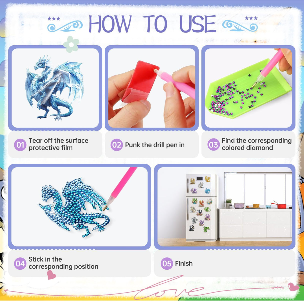 Sitsink Dragon Diamond Painting Magnets - 16 Pcs Small Diamond Art Kits for Adults Refrigerator Stickers, Fantasy Animal Dragon DIY Crafts Making Sitsink