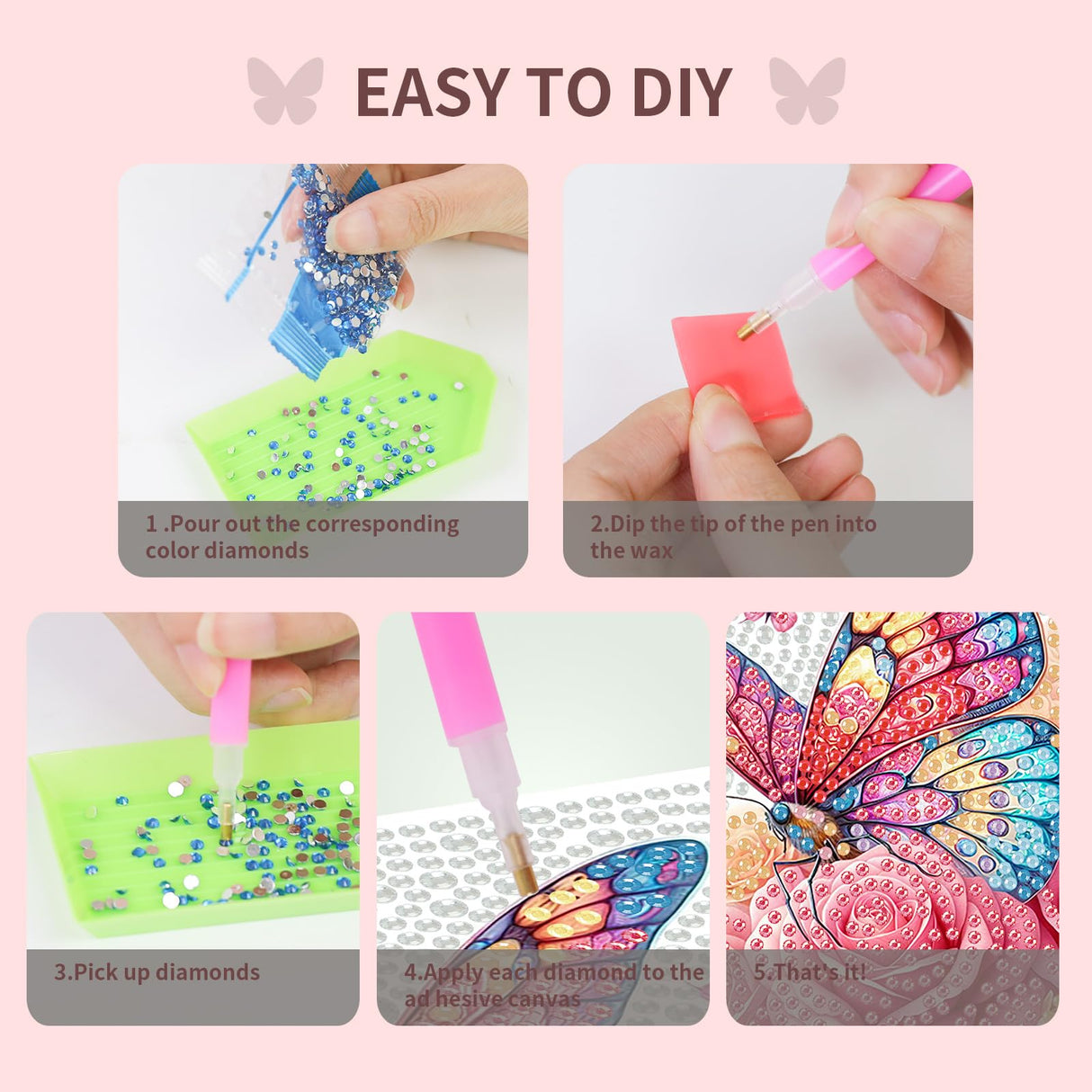 FlyingMage 5D Diamond Art Kits for Adults, Kawaii DIY Painting Art for Women, 4 Pack Cute Diamond Arts and Crafts Sets, Diamond Art Mosaic Kits,Big Gem Full Drill Diamond Dots,Flower Butterfly FlyingMage