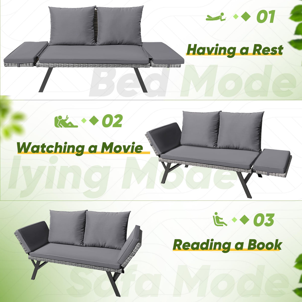 Greesum Outdoor Sofa, Woven Rattan Patio Furniture, Convertible Daybed or Double Chair with Adjustable Armrests, Cushions and Pillows for Yard, Porch, Pool, Gray Lounger & Blue Pillowcase Greesum