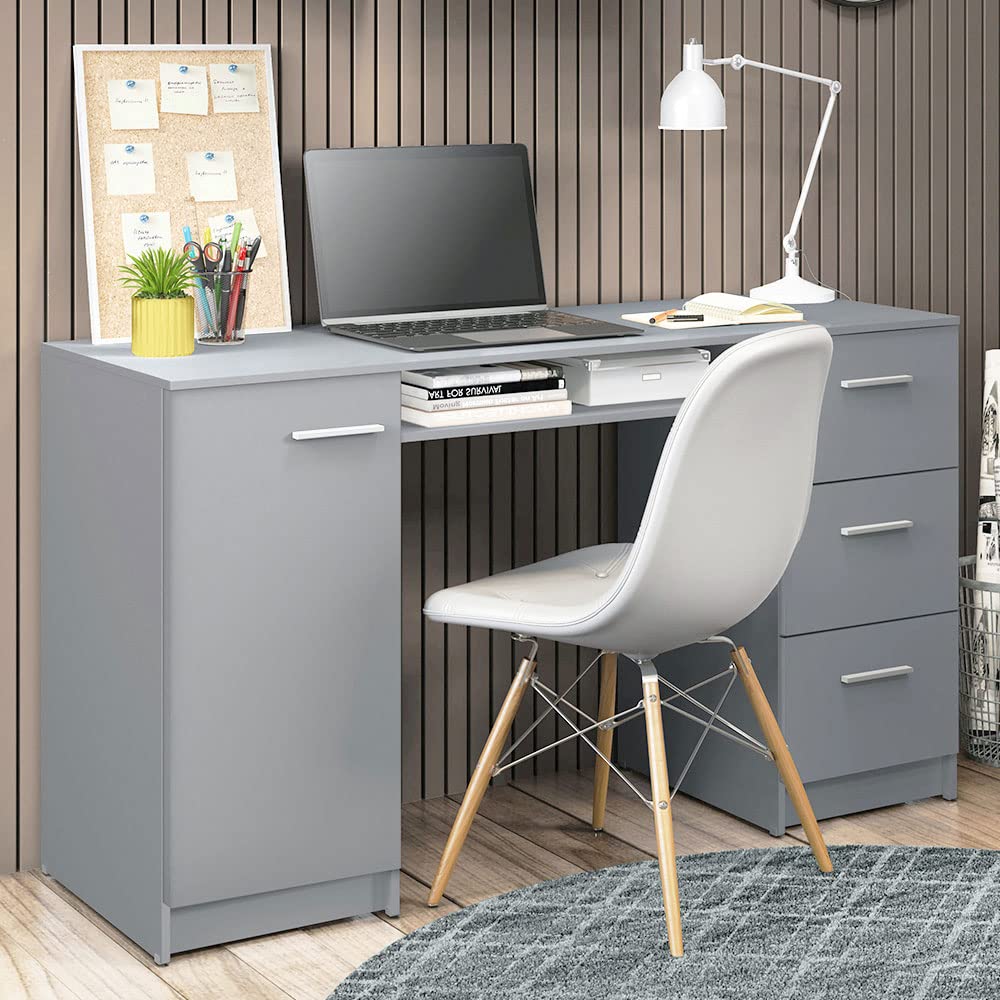 Madesa Computer Desk with 3 Drawers, 1 Door and 1 Storage Shelf, Wood Writing Home Office Workstation, Office Desk with Drawers - 30” H x 18” D x 53” W - Grey Madesa