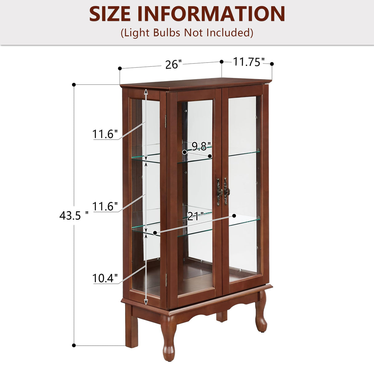 Dolonm Curio Cabinet with Tempered Glass Doors, Curio Cabinets with Mirrored Back Panel and Adjustable Shelves, Lighted Display Cabinet for Home, Dolonm