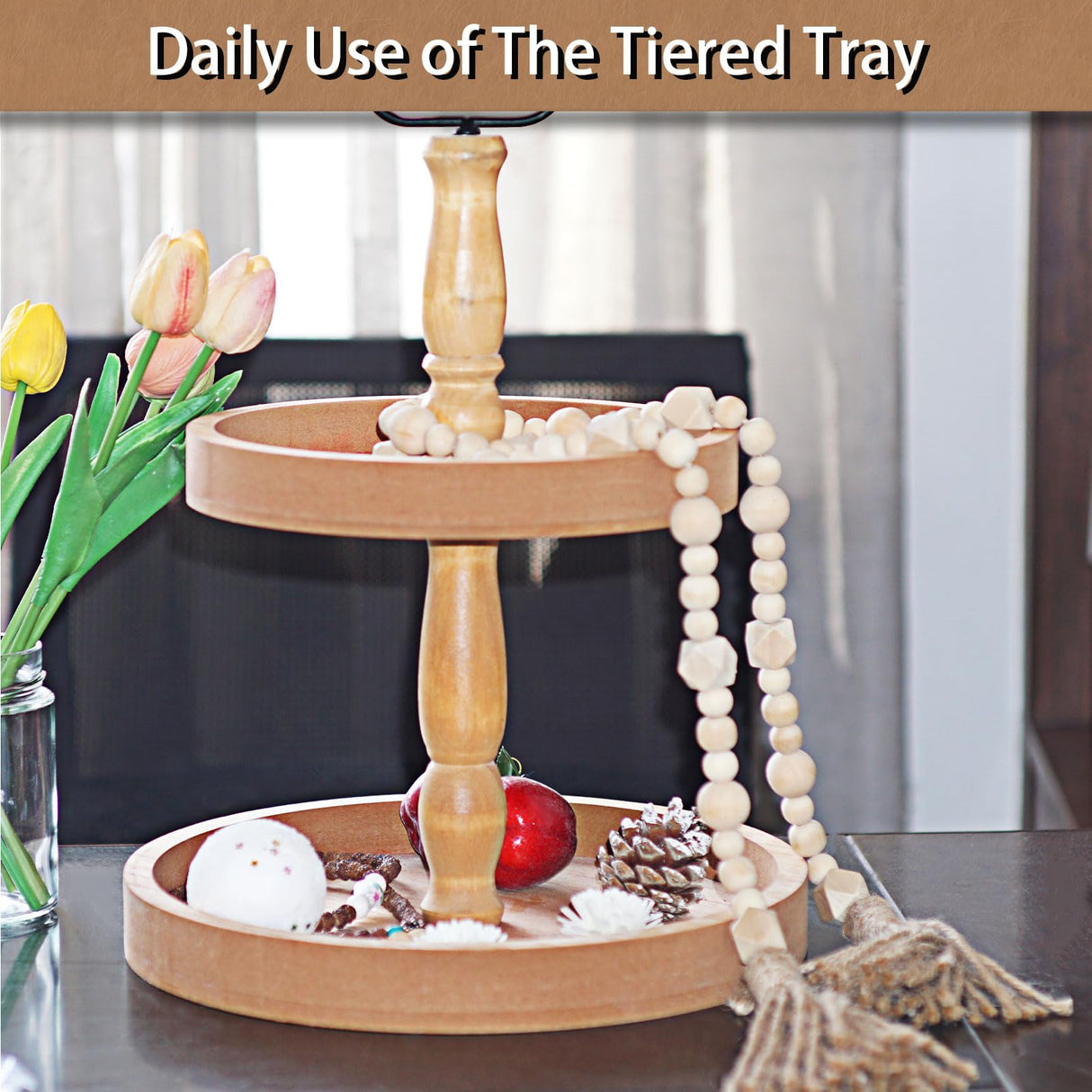 Krismax Decorative Tray - Two Tiered Tray Stand, Rustic Round Farmhouse Style Tiered Tray Decor, Farmhouse 2 Tiered Serving Tray, Holiday Decoration Wooden Tray for Coffee Table Display Stand(Brown) Krismax