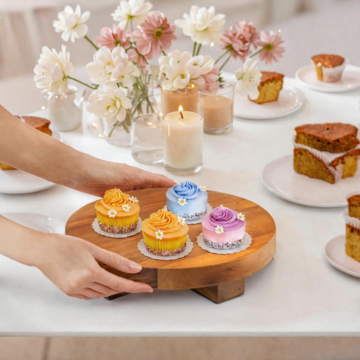 Demigo Round Wood Riser Board 9.5 inches, Natural Acacia Wood, Farmhouse Plant Holder, Multi-Purpose Display Stand, Wooden Pedestal for Soap, Plants, Candles, Countertop, Kitchen, Bathroom Demigo