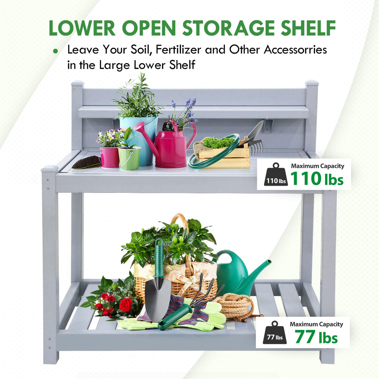 EAGLE PEAK Outdoor Indoor Maintenance Free Vinyl Garden Potting Bench, Waterproof Potting Table with Open Shelf, Lower Storage, 40inx21.6inx43.9in, Gray EAGLE PEAK