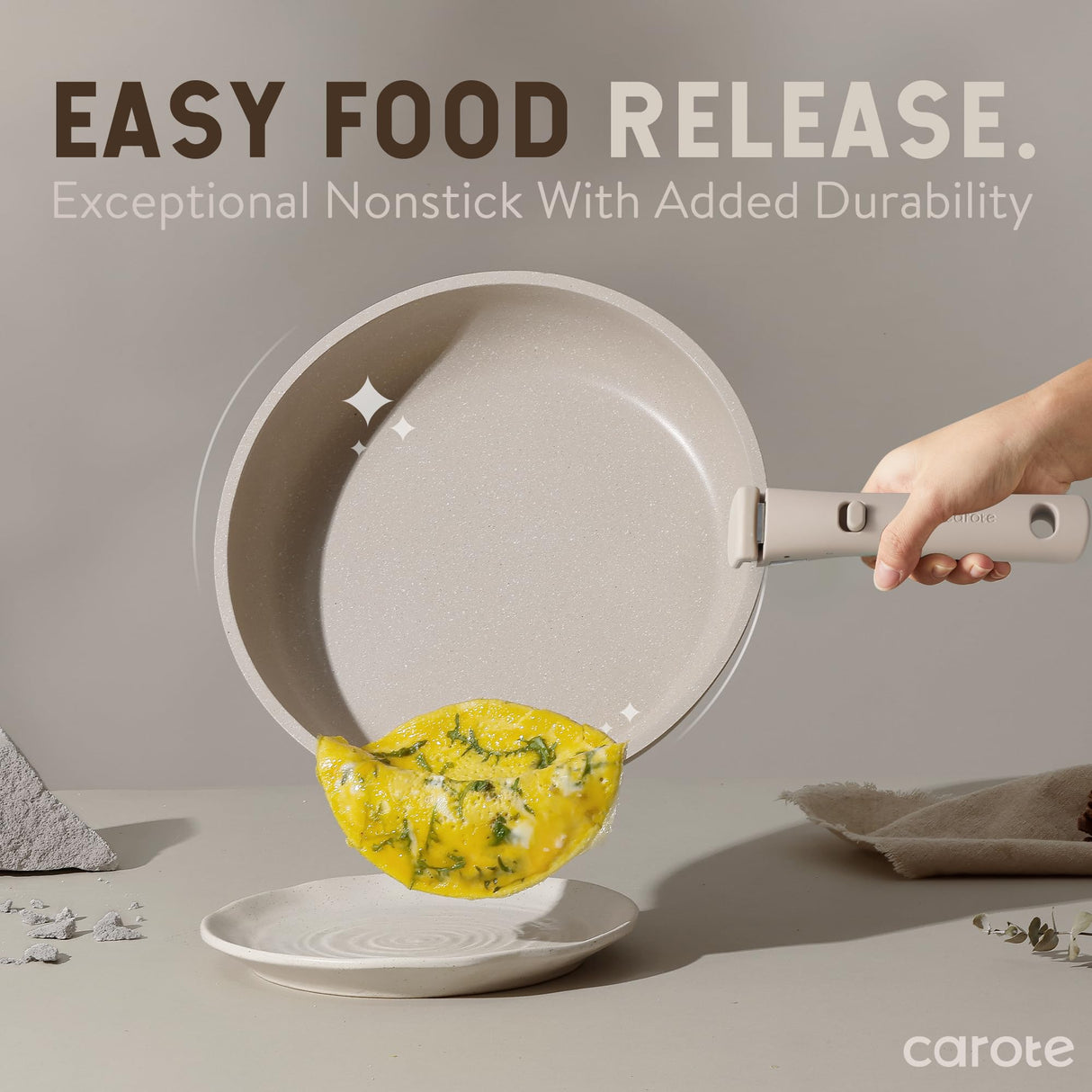 CAROTE 15pcs Pots and Pans Set, Nonstick Cookware Set Detachable Handle, Induction Kitchen Cookware Sets Non Stick with Removable Handle, RV Cookware Set, Oven Safe, Taupe CAROTE