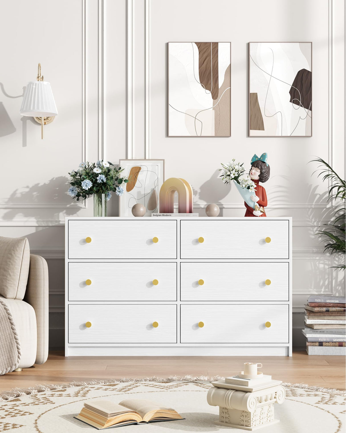 Nicehill Dresser for Bedroom with 6 Drawers, Fabric Storage Tower & Chest of Drawers Organizer, Storage Cabinet for Hallway, Closets, Living Room,White Dresser Wooden(White) Nicehill