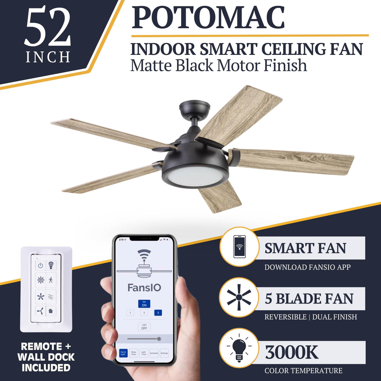 Prominence Home Potomac, 52 Inch Industrial Style Smart Ceiling Fan with Light, Remote Control, Dual Finish Blades, Compatible with Alexa and Google Assistant - 51639-01 (Matte Black) Prominence Home