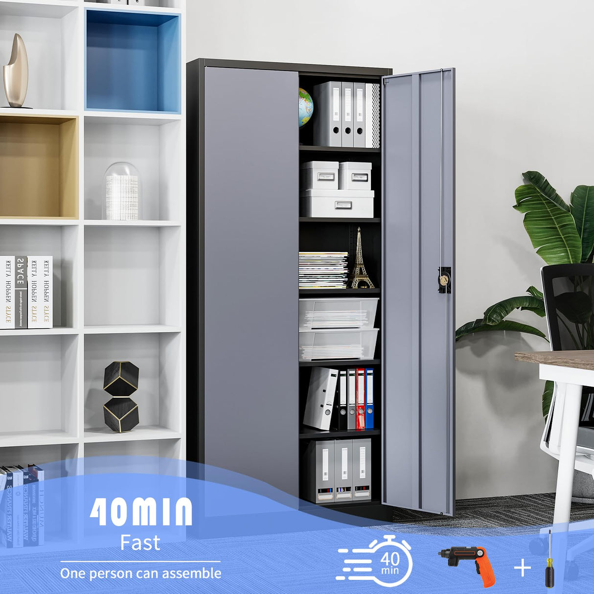 Yizosh Metal Garage Storage Cabinet with Lock, 72" Locking Tool Cabinet with 2 Doors and 5 Shelves, Tall Steel Cabinet for Garage, Heavy Duty File Cabinet for Office, School (Gray Black) Yizosh