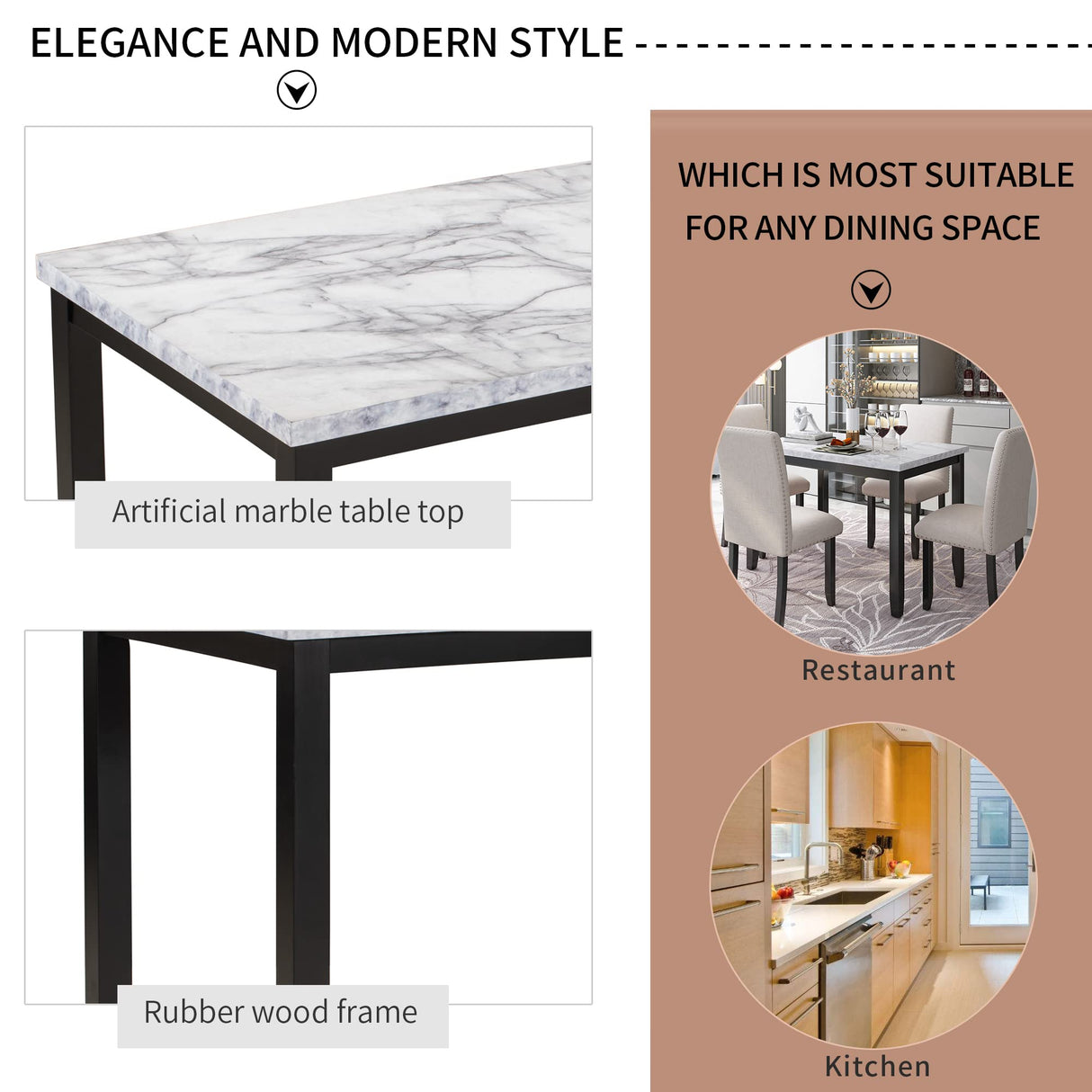 5 Pieces Dining Table Set, Elegant Faux Marble Desk and 4 Upholstered Cushion Chairs, Perfect for Kitchen, Breakfast Nook, Bar, Living Room Merax
