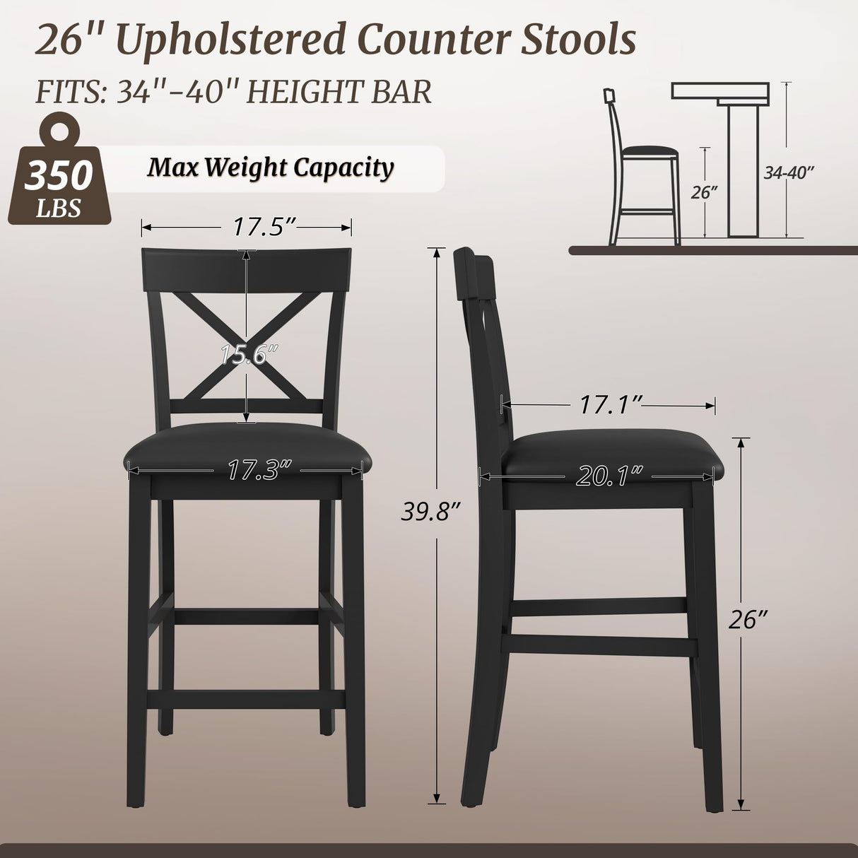 Cozyman 26" Wood Bar Stools Set of 2, Counter Height Bar Stools with Classical X-Shaped Back, Solid Barstools with Rubber Wood Frames and Faux Leather Seat, Black Cozyman