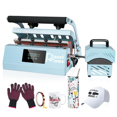 PlanetFlame Tumbler and Hat Heat Press Machine, 2-in-1 Combo Machine for Cup and Cap with Gloves and High Temp Heat Resistant Tape for 11oz-30oz Sublimation Tumbler and All Caps, Blue