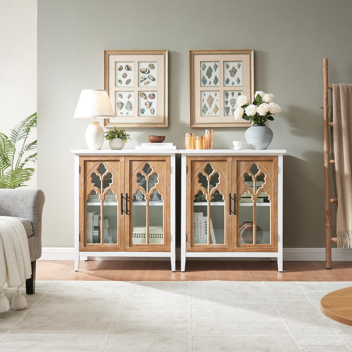 WINWY 30" Farmhouse Sideboard Buffet Credenza Cabinet, Decorative Accent Cabinet with 2 Carved Arched Glass Doors & Adjustable Shelf, Rustic Wooden Storage for Kitchen, Living Room(White,Set of 3) WINWY