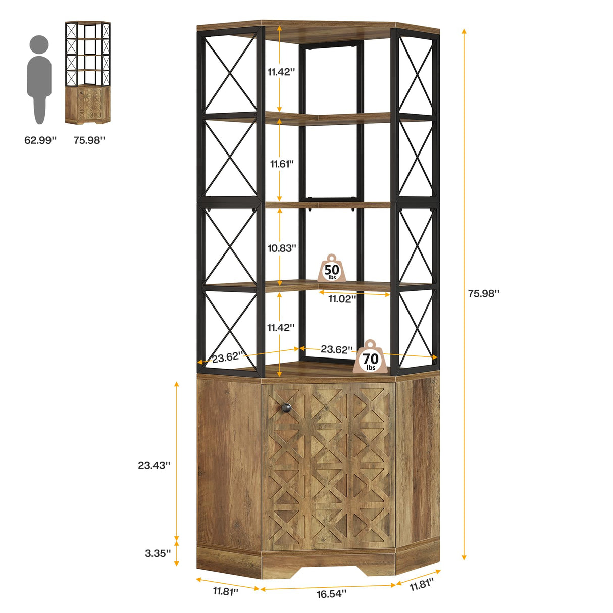 Tribesigns 76-Inch Tall Corner Cabinet, 7-Tier Industrial Corner Bookshelf Bookcase with Storage Rack, Freestanding Display Shelving Unit for Living Room, Kitchen, Home, Brown Tribesigns