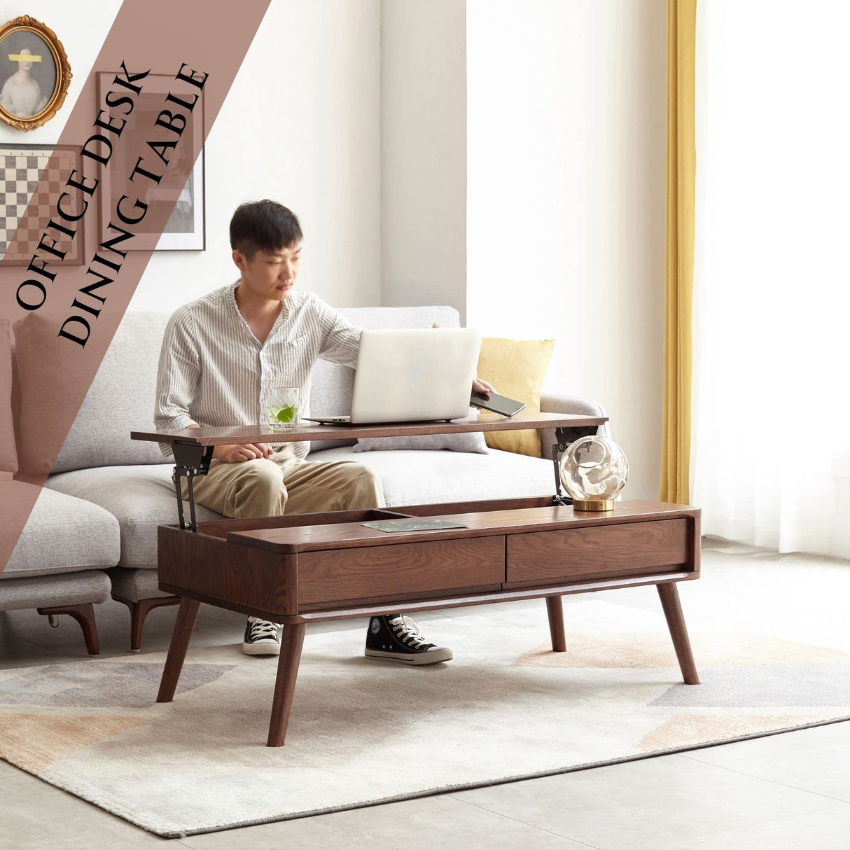 Wayshome 100% Solid Oak Lift Top Coffee Table with Hidden Compartment and Storage Shelf,Living Room Dining Table and Desk (47.24inch) Wayshome