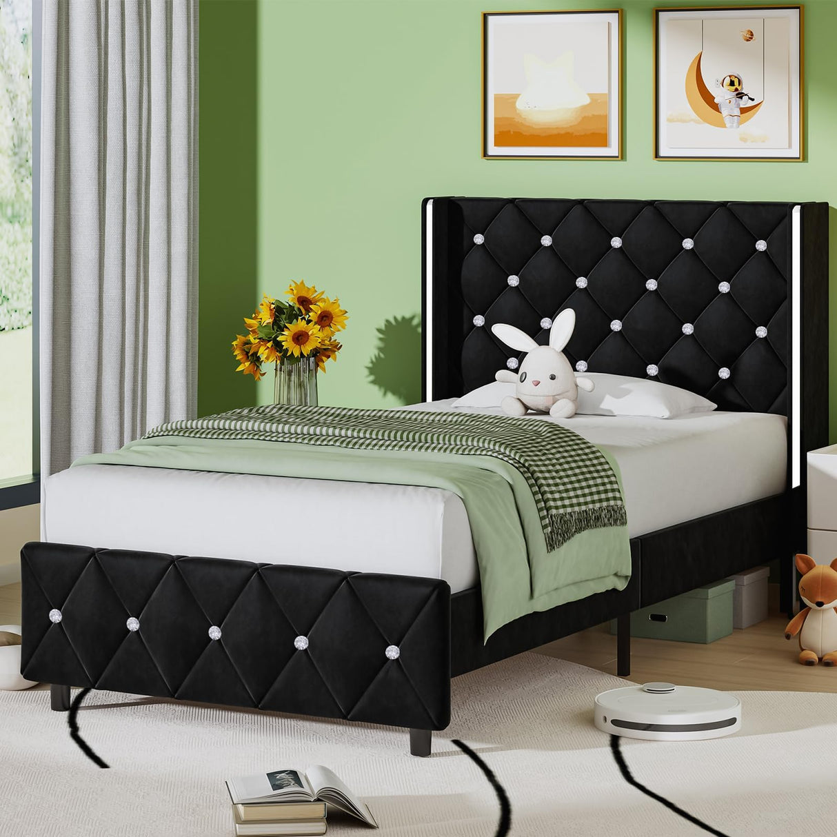 HOMBCK Twin Bed Frames, Upholstered Platform Bed with Diamond Tufted Headboard, Modern Velvet Bed Frame with Wingback Design, No Box Spring Needed, Easy Assembly, Black HOMBCK