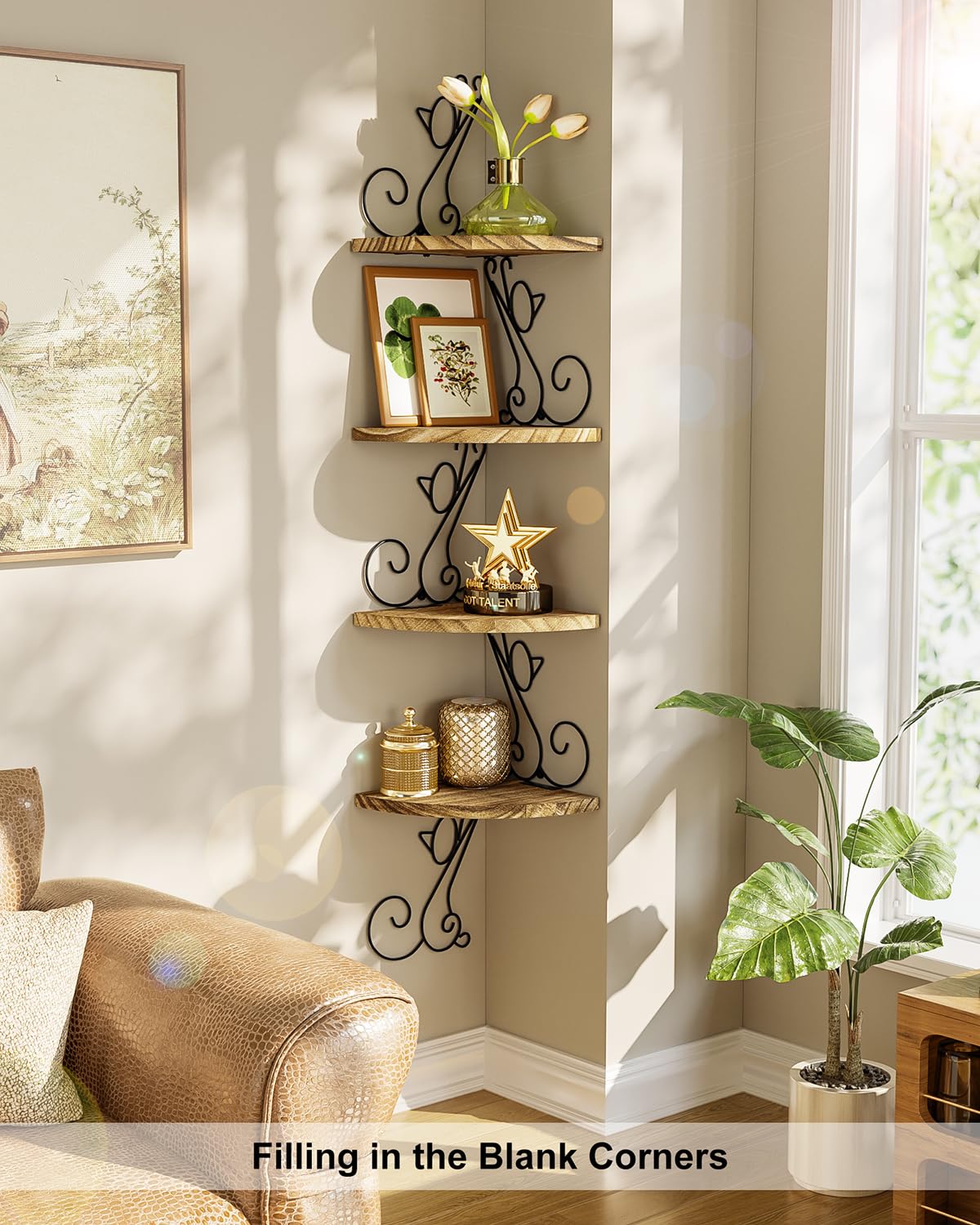 Alsonerbay Wall Mount Corner Shelves 4 Tier Floating Corner Storage Wood Shelves Decorative Rustic Radial Shelf in Cat Shape Carbonized Black Alsonerbay