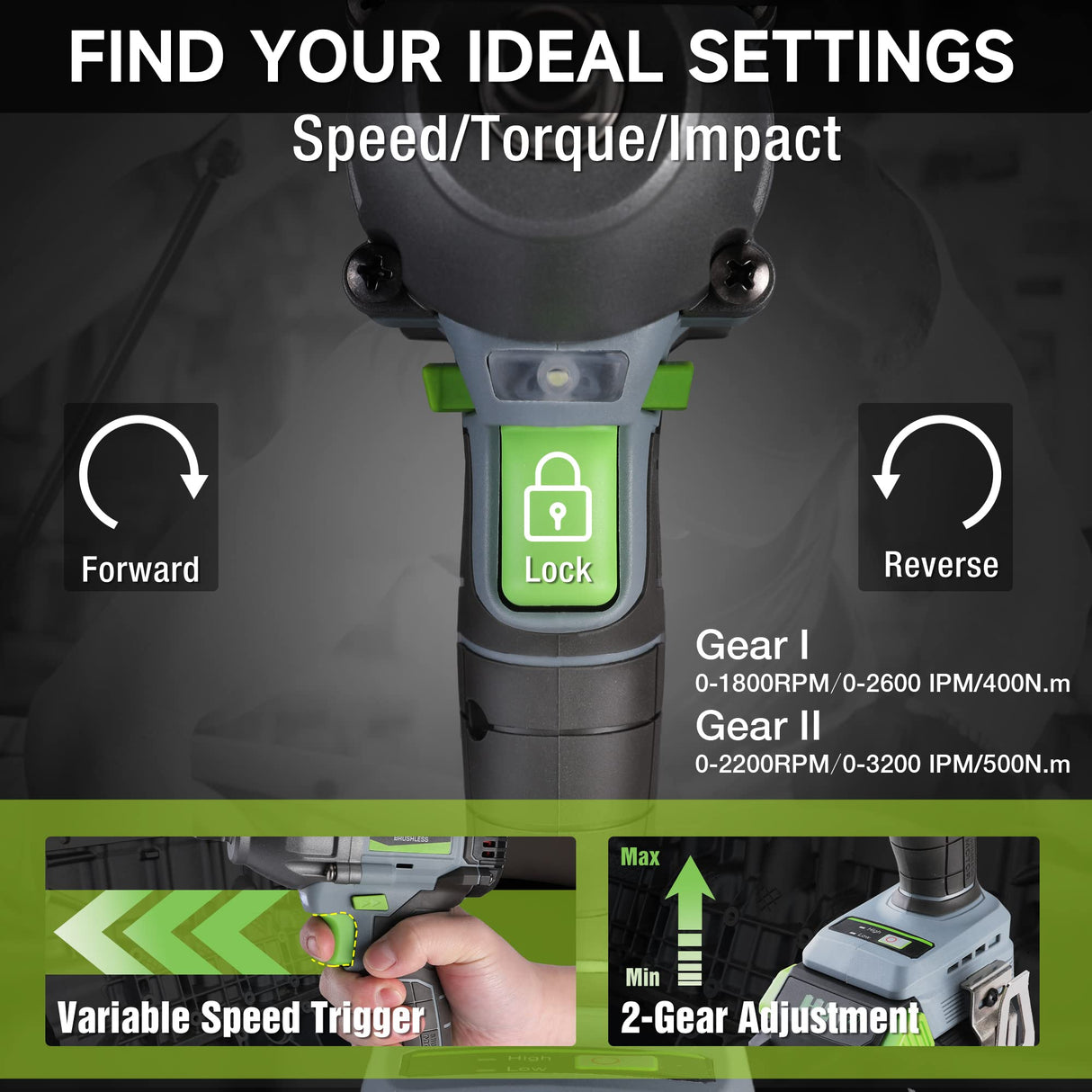 WORKPRO Cordless Impact Wrench 1/2 inch, 20V Brushless Impact Gun, High Torque 370 Ft-Lbs (500N.M), Variable Speeds, with 4.0 Ah Battery, Fast Charger, 4 Impact Sockets and Storage Case WORKPRO