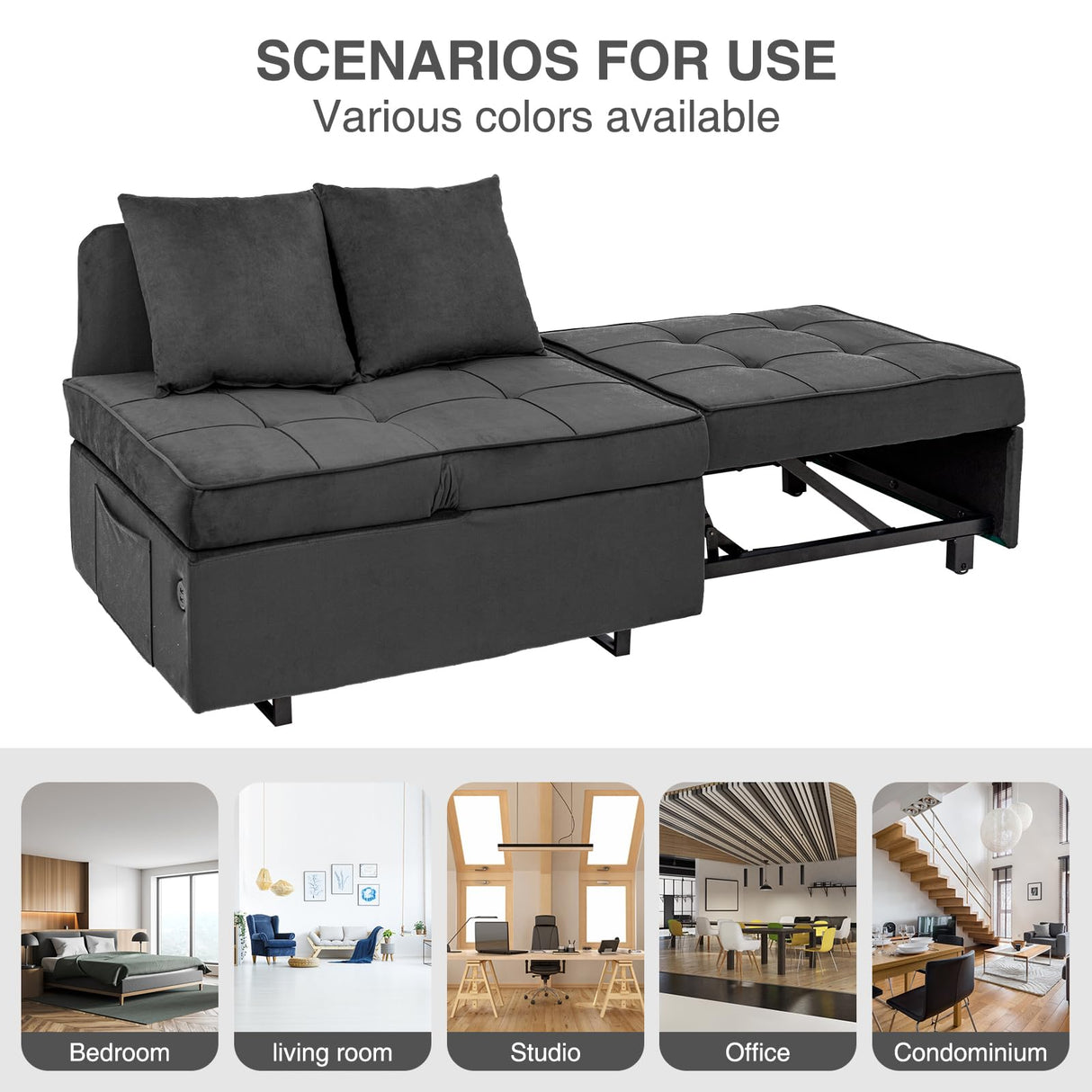 Convertible Sofa Bed 4-in-1 Velvet Sleeper Sofa Chair Bed Pull Out Futon Couch Bed with USB Ports 5 Adjustable Backrest and Pillow Fold Out Ottoman Bed for Adults Small Spaces Living Room, Dark Grey FiveWillowise
