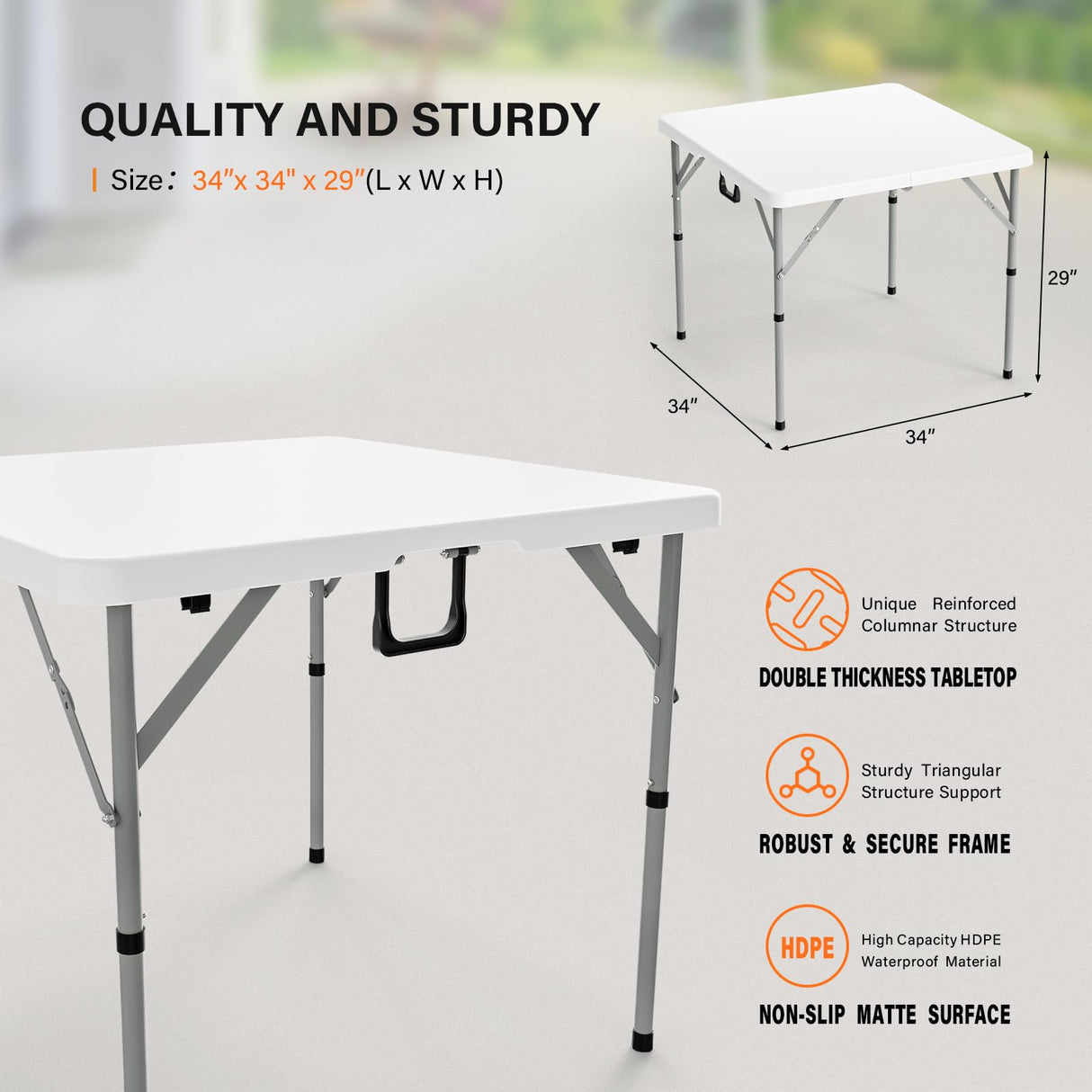 VINGLI 34" Fold in Half Square Table, Bi-Folding Commercial Table, Portable Plastic Dining Card Table for Kitchen or Outdoor Party Wedding Event, White VINGLI