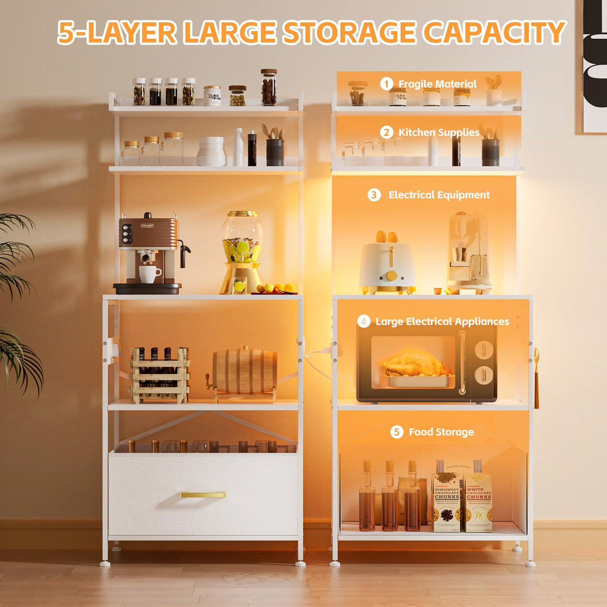 YIPPPPE Bakers Rack with Power Outlet, 5-Tier Microwave Stand with Fabric Drawer and 5 Hooks, Kitchen Storage Shelf with Spices, Pots and Pans, White YIPPPPE