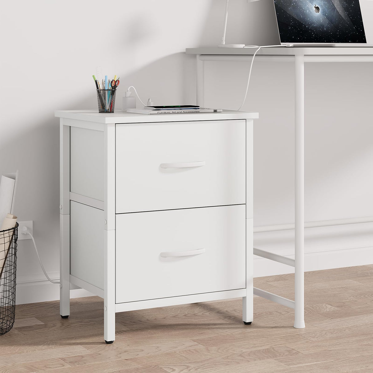 Vagusicc Nightstand Set of 2 with Charging Station, End Table Bedside Table with Power Outlet & USB Ports, Side Table with 2 Fabric Drawers for Bedroom, Living Room, White Vagusicc