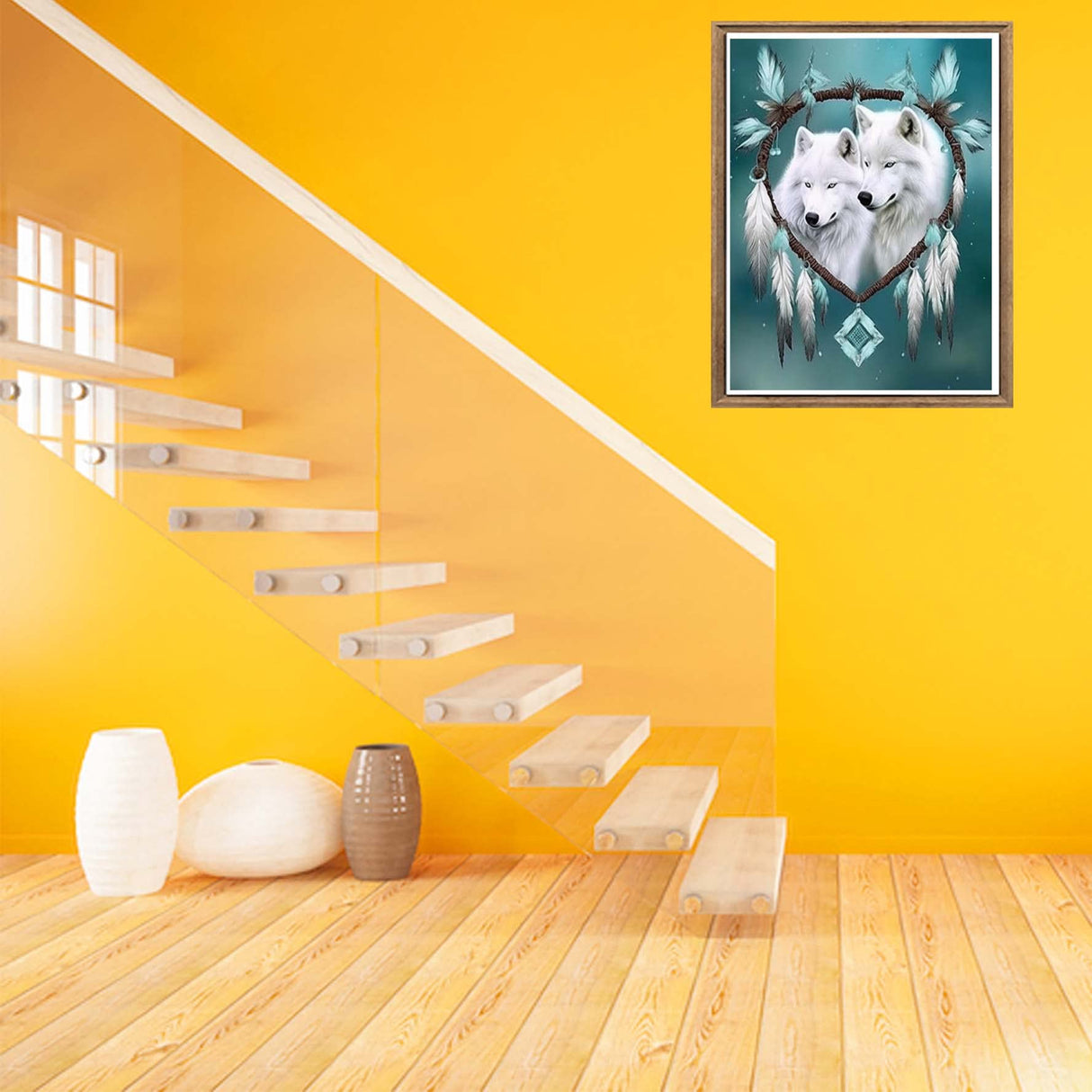 Bimkole 5D Diamond Art Kits for Adults White Wolf, Full Drill DIY Rhinestone Embroidery Set Paint with Diamonds Art Dream Catcher by Number Kits Cross Stitch Home Wall Decor 12x16 in Bimkole