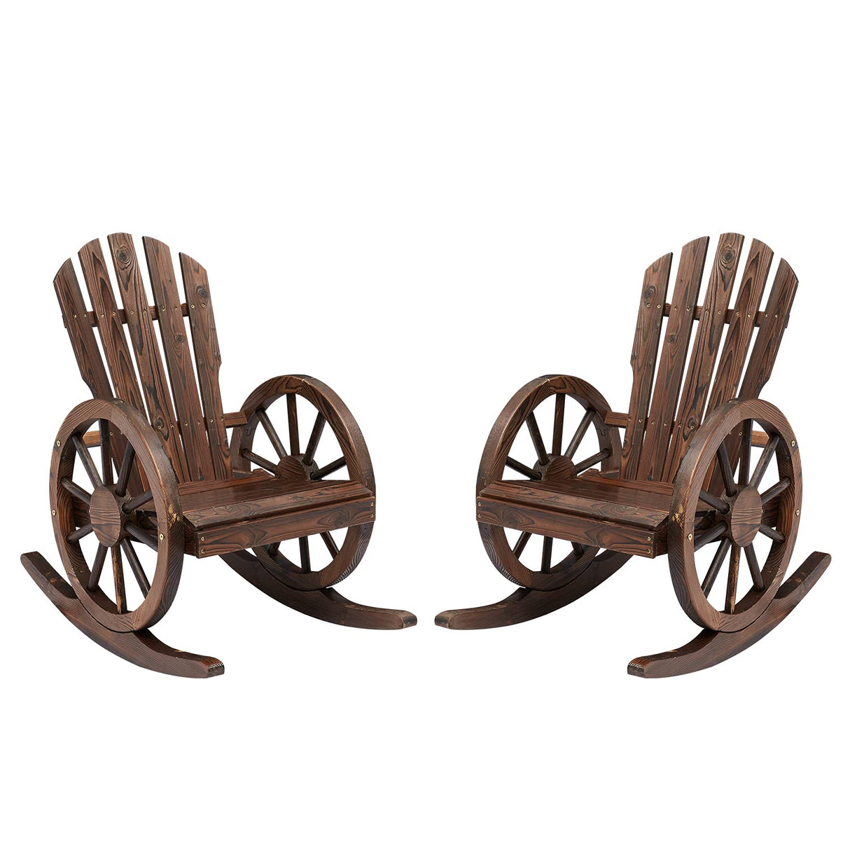 FURNDOOR Outdoor Wood Rocking Chair Set of 2 - Patio Wagon Wheel Rocking Chair 2 PCS, Rustic Rocker Single Chairs for Country, Yard, Porch FURNDOOR