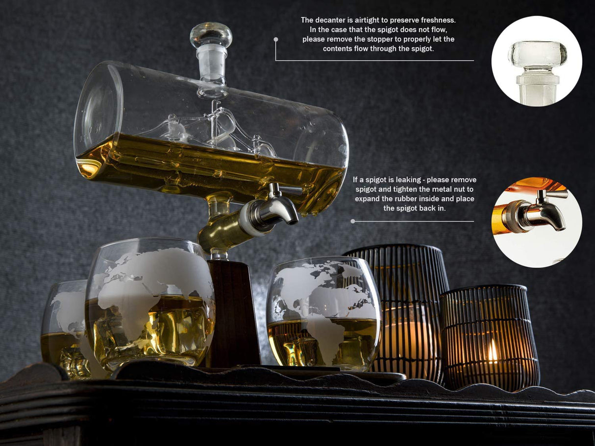 Whiskey Decanter Globe Set with 4 Etched Whiskey Glasses - for Liquor Scotch Bourbon Vodka, Gifts For Men - 1250ml Unique Ship Sails Set for Home Bar, Bourbon, Birthday Gift for Dad The Wine Savant