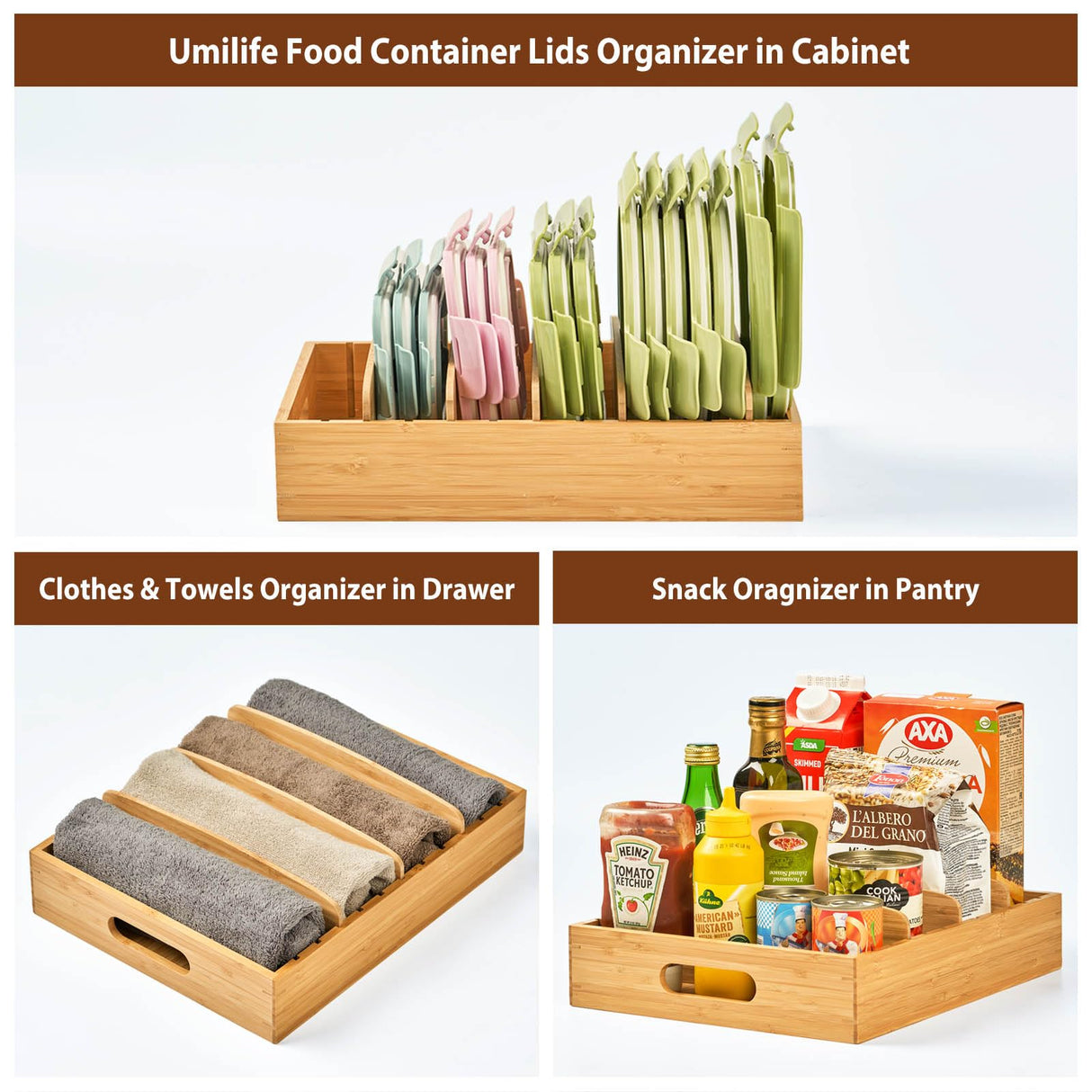 Umilife Kitchen Cabinet Organizer for Food Storage Container Lids, with Adjustable Dividers, Bamboo Drawer Caddy, Box for Kitchen Storage And Organization Umilife