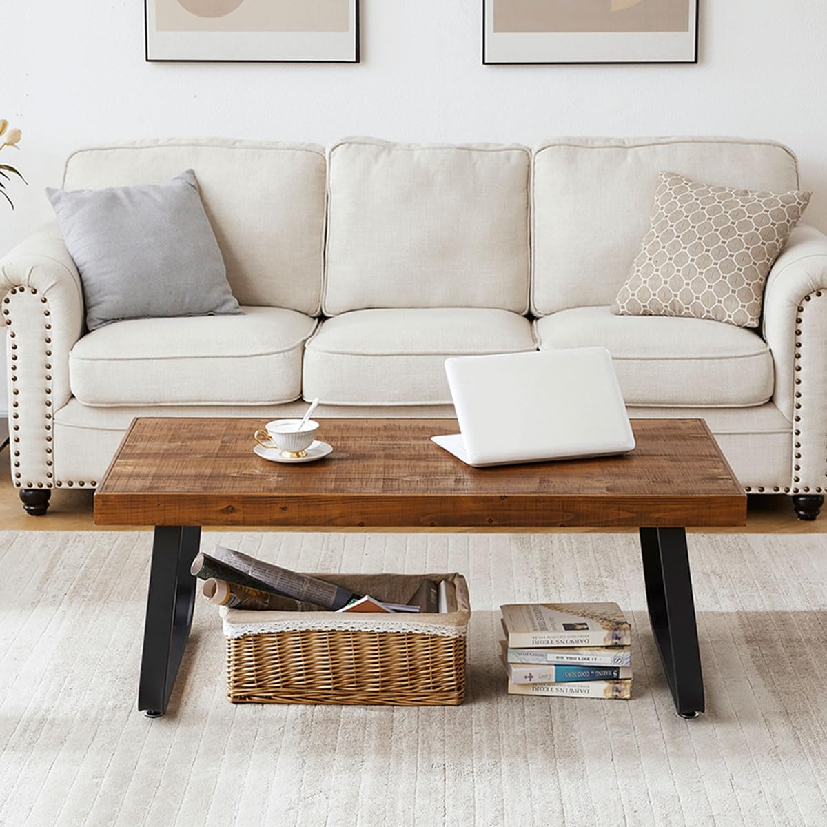 IBF Rustic Wood Coffee Table, Industrial Metal and Real Wood Center Table, Wood Farmhouse Real Solid Wooden Tea Table, Modern Minimalist Vintage Metal Rectangle Cocktail Table, Rustic Brown, 39 Inch IBF